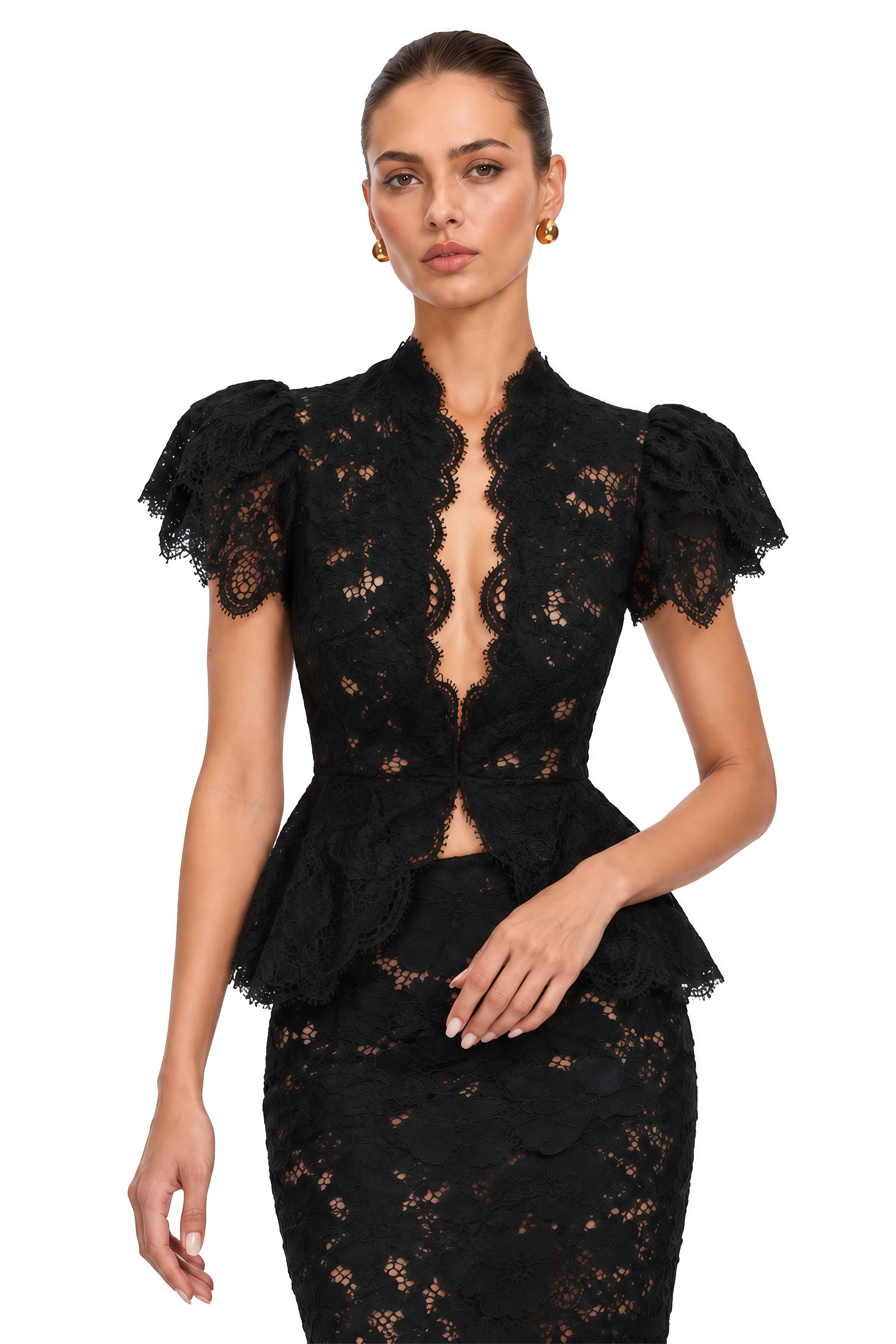 Lysandra Black Floral Lace Peplum Blouse & Mermaid Maxi Skirt Set