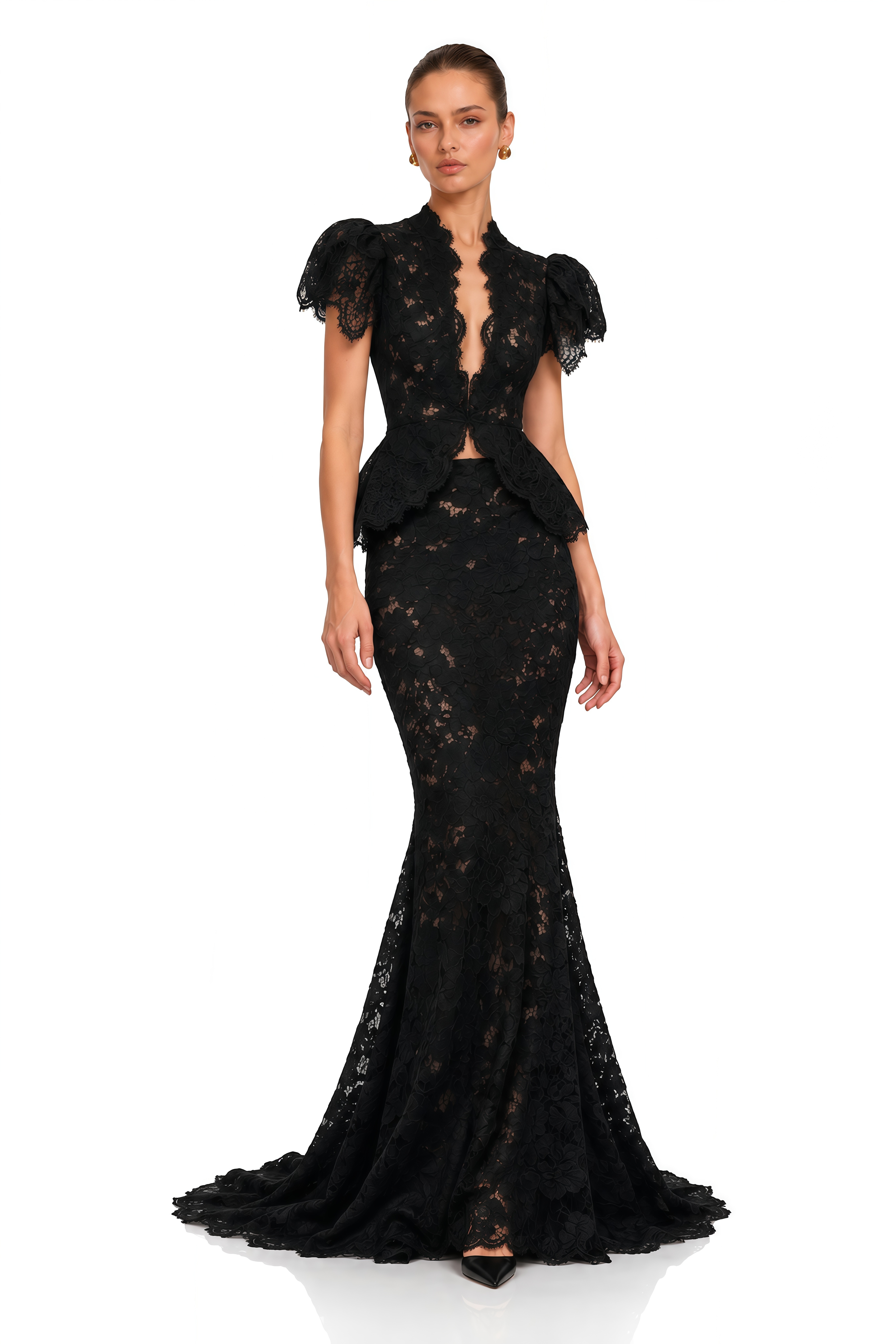 Lysandra Black Floral Lace Peplum Blouse & Mermaid Maxi Skirt Set