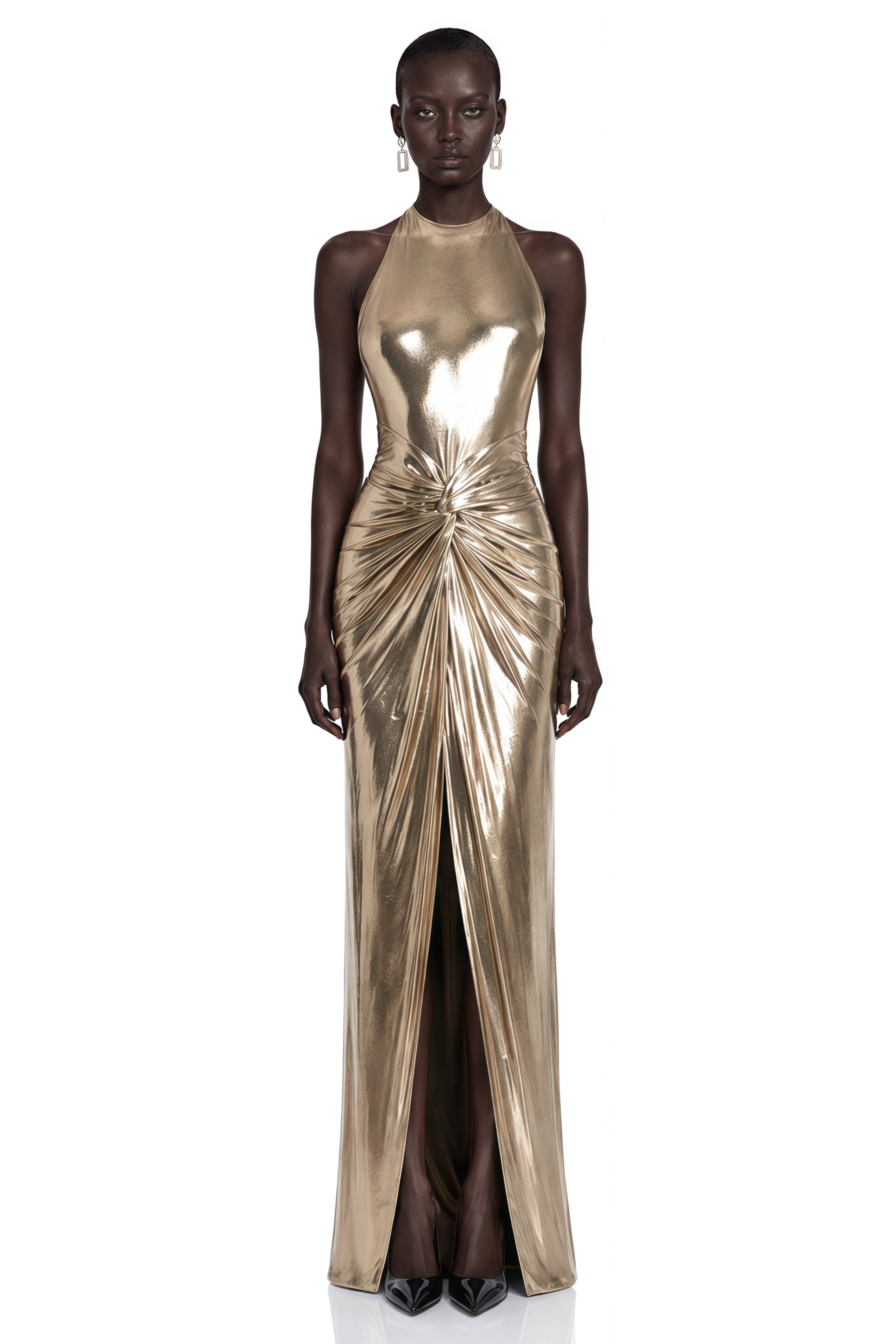 Lysithea Champagne Metallic Halterneck Maxi Dress with Slit