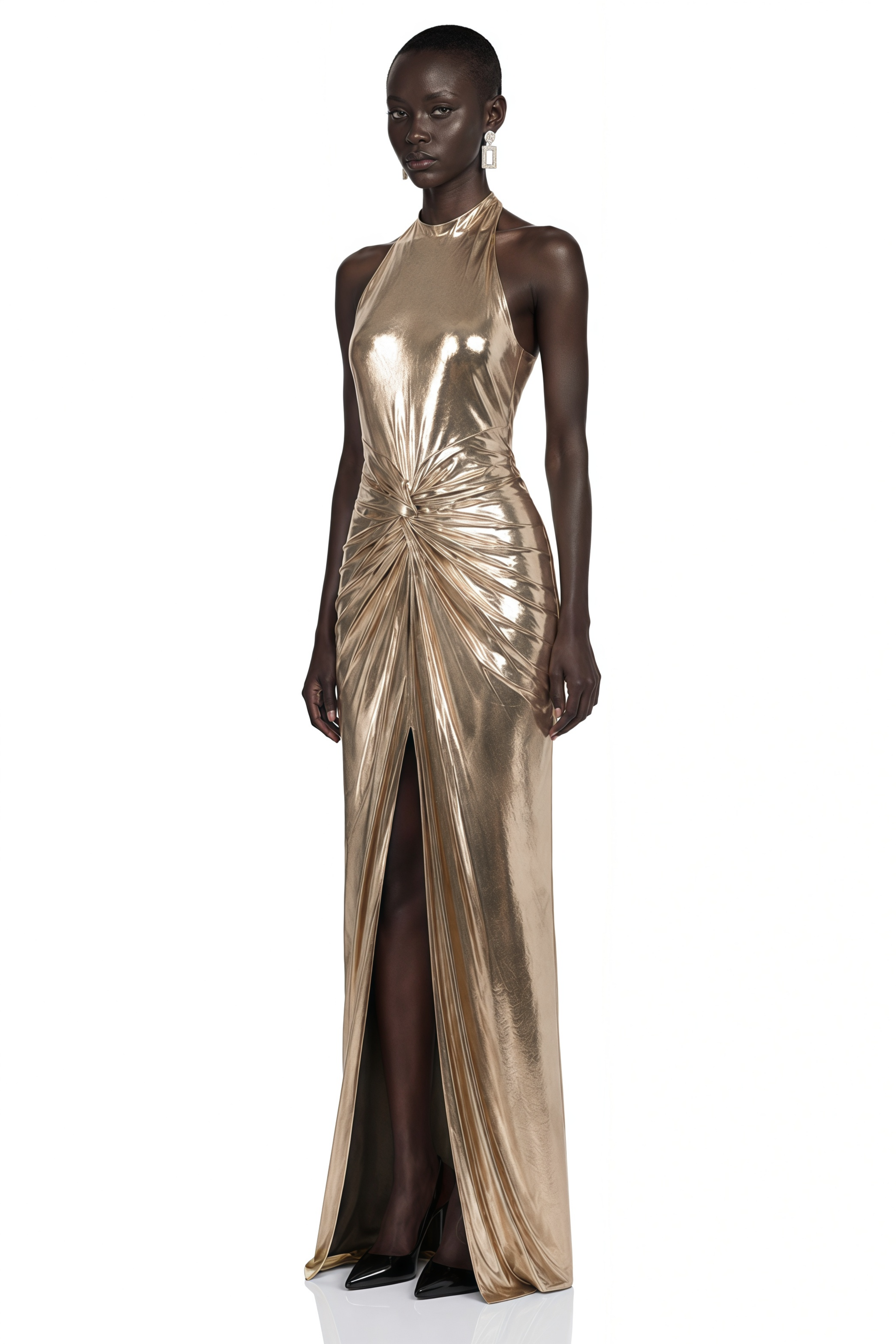 Lysithea Champagne Metallic Halterneck Maxi Dress with Slit