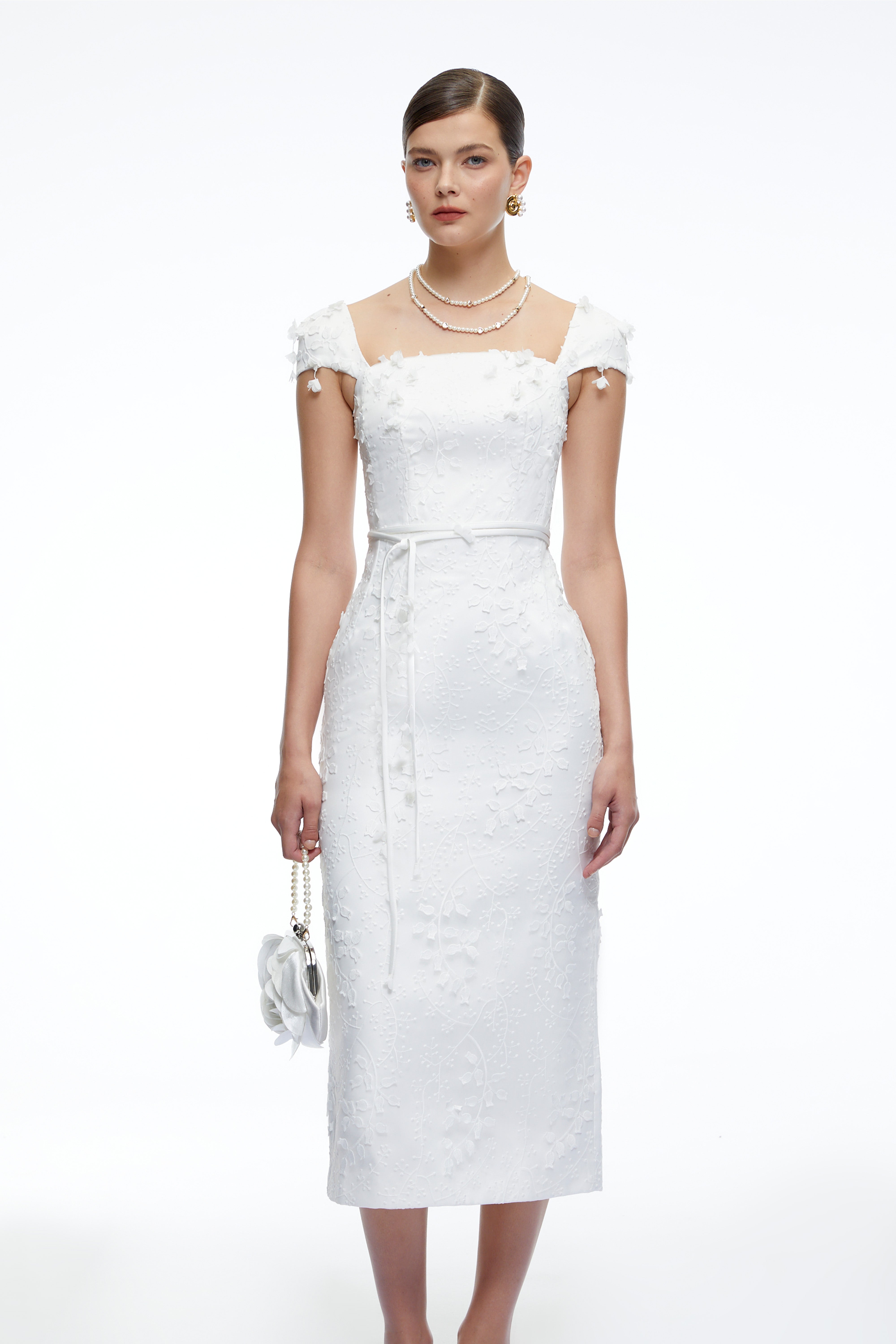 Rosalind White Bodycon Midi Dress with 3D Florals