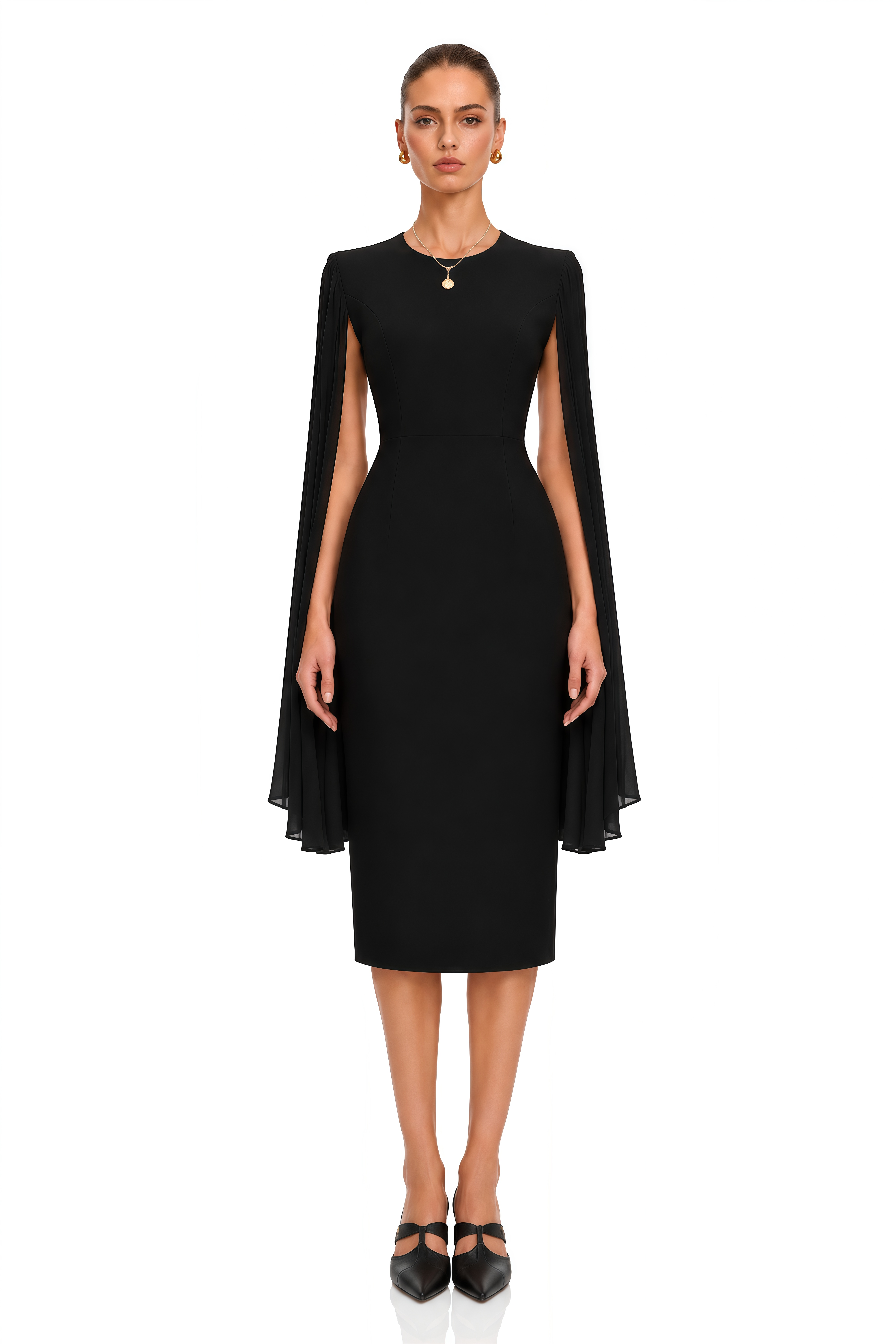 Olivia Black Round Neck Pleated Sleeves Midi Dress