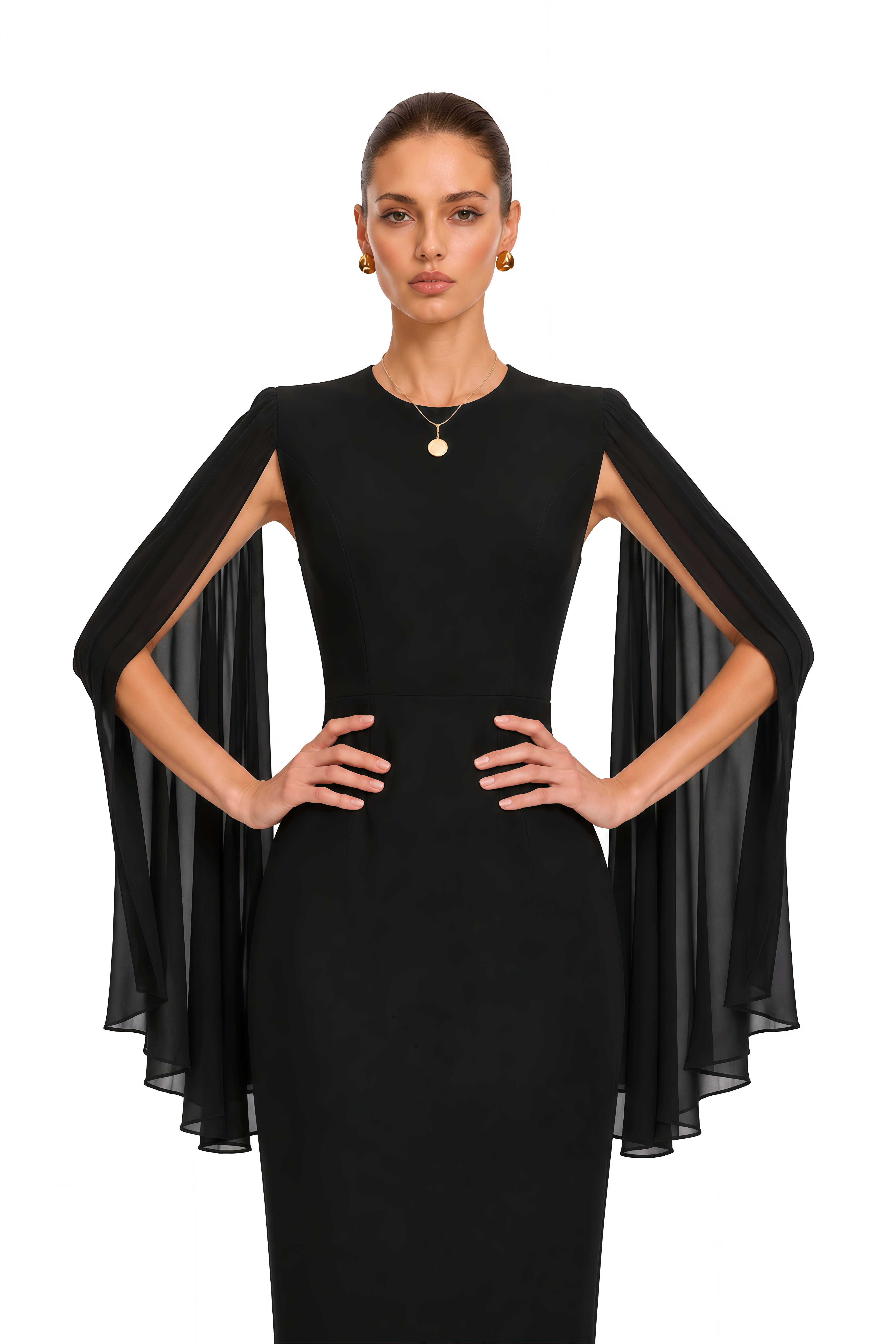 Olivia Black Round Neck Pleated Sleeves Midi Dress