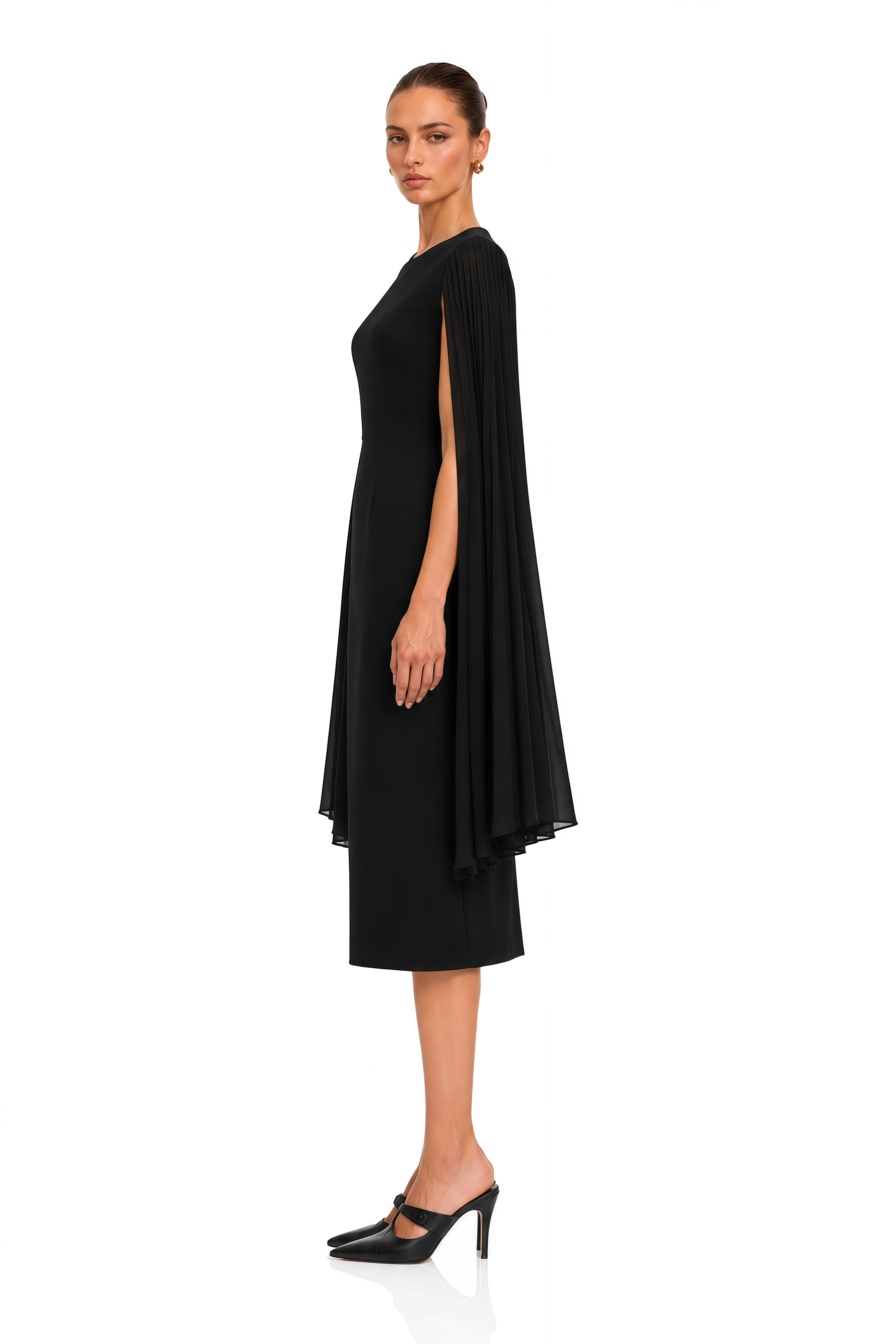 Olivia Black Round Neck Pleated Sleeves Midi Dress
