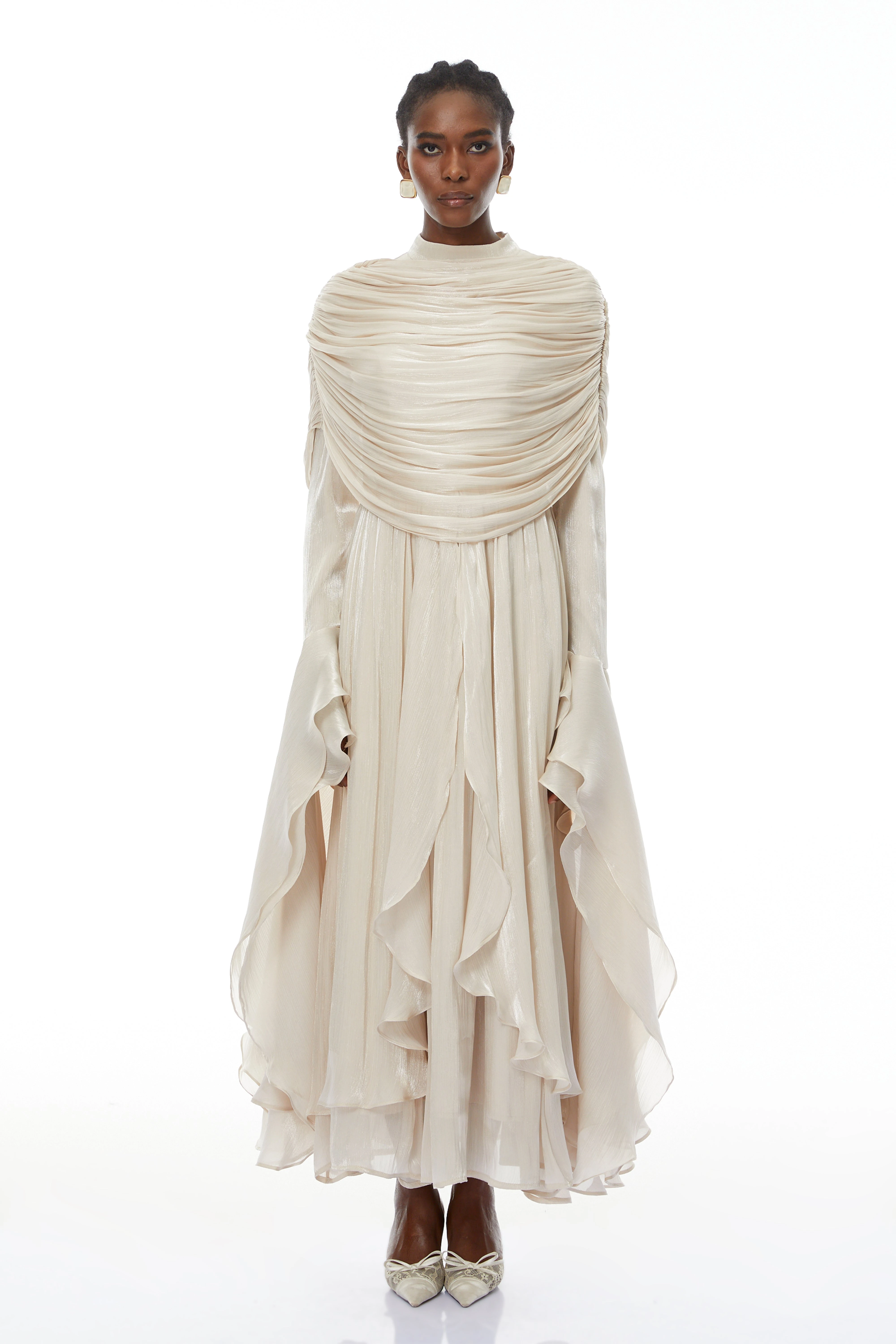 Ruched Cape Ruffled Maxi Dress