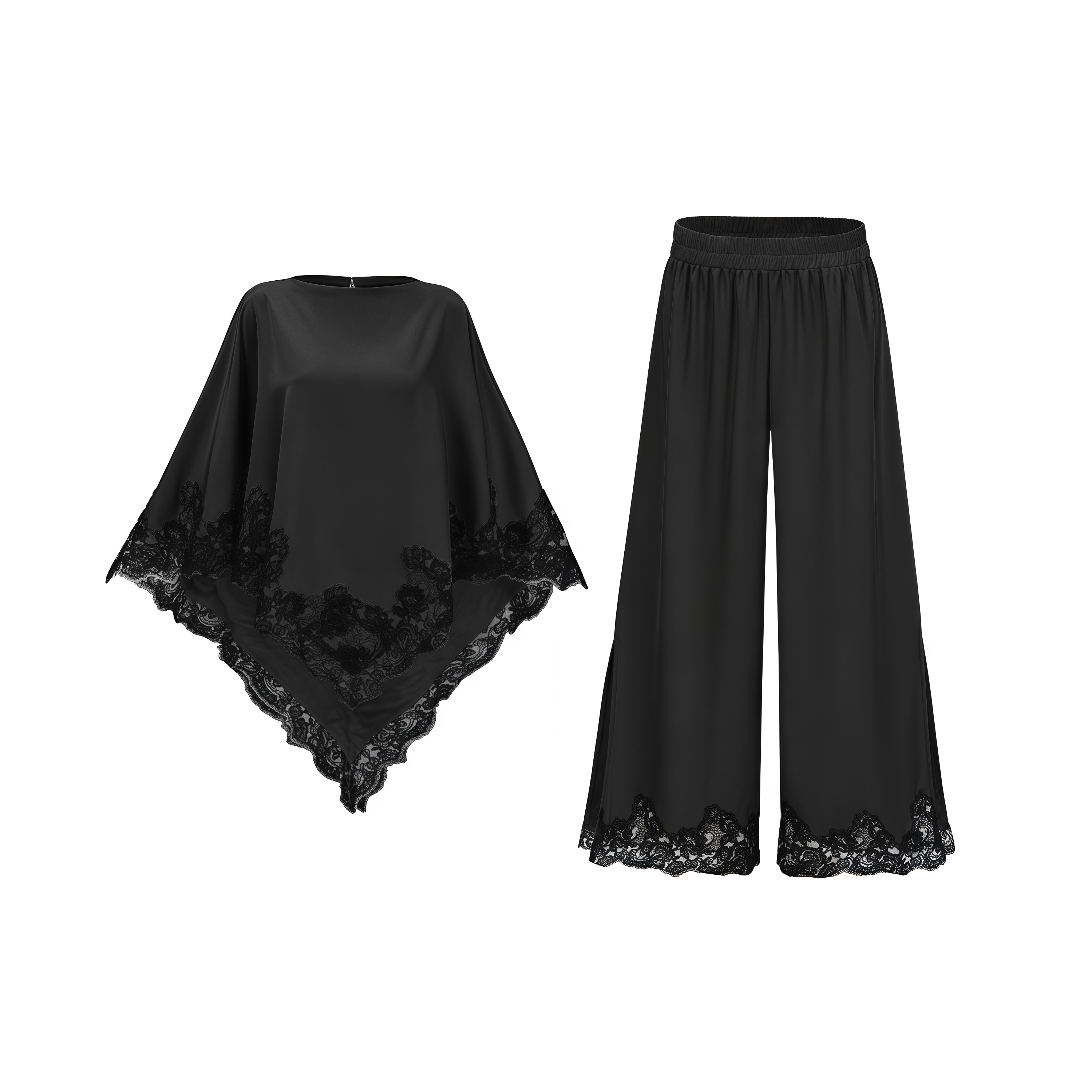 Mabel Black Cape Top & Wide Leg Trousers Set with Lace Trim