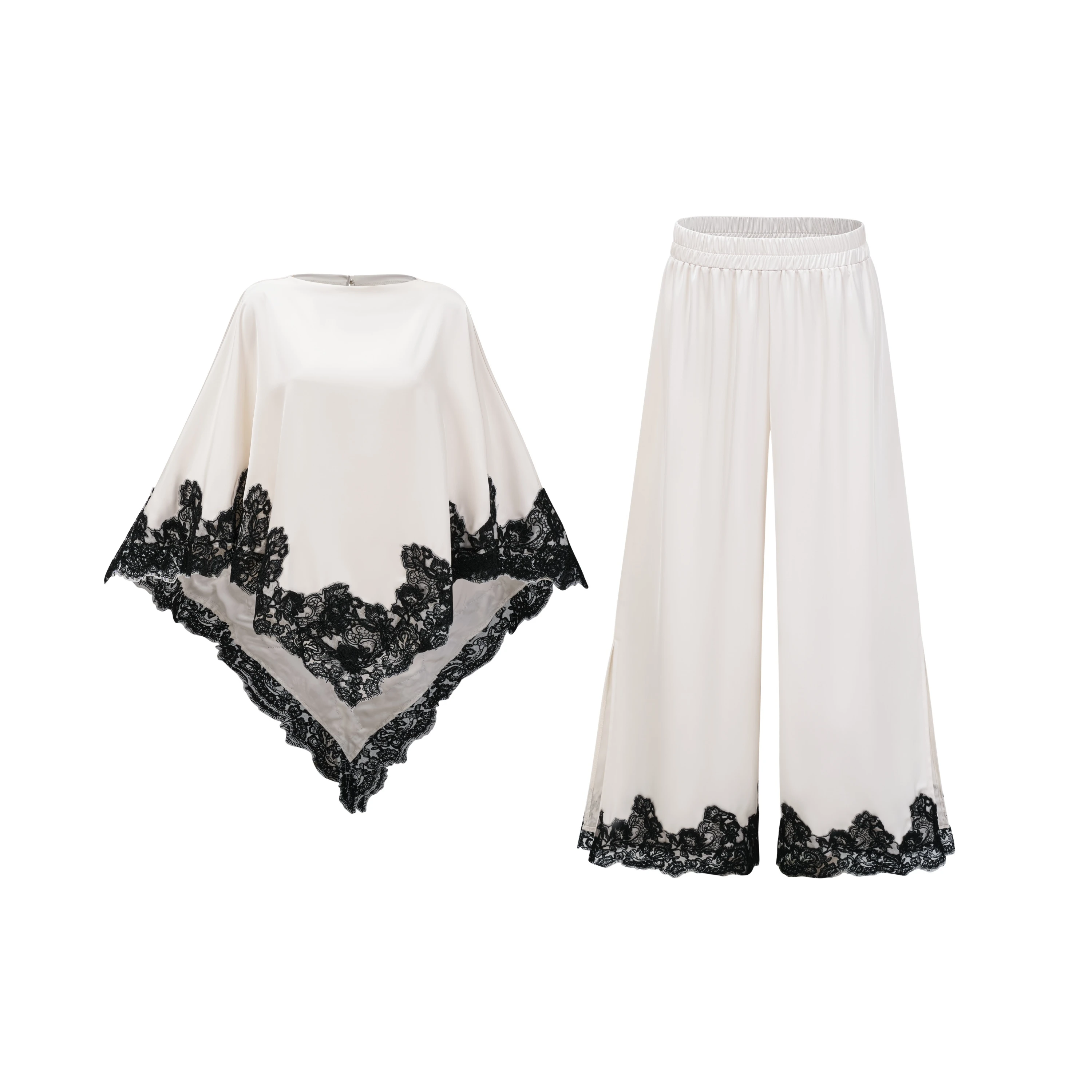 Mabel White Cape Top & Wide Leg Trousers Set with Lace Trim