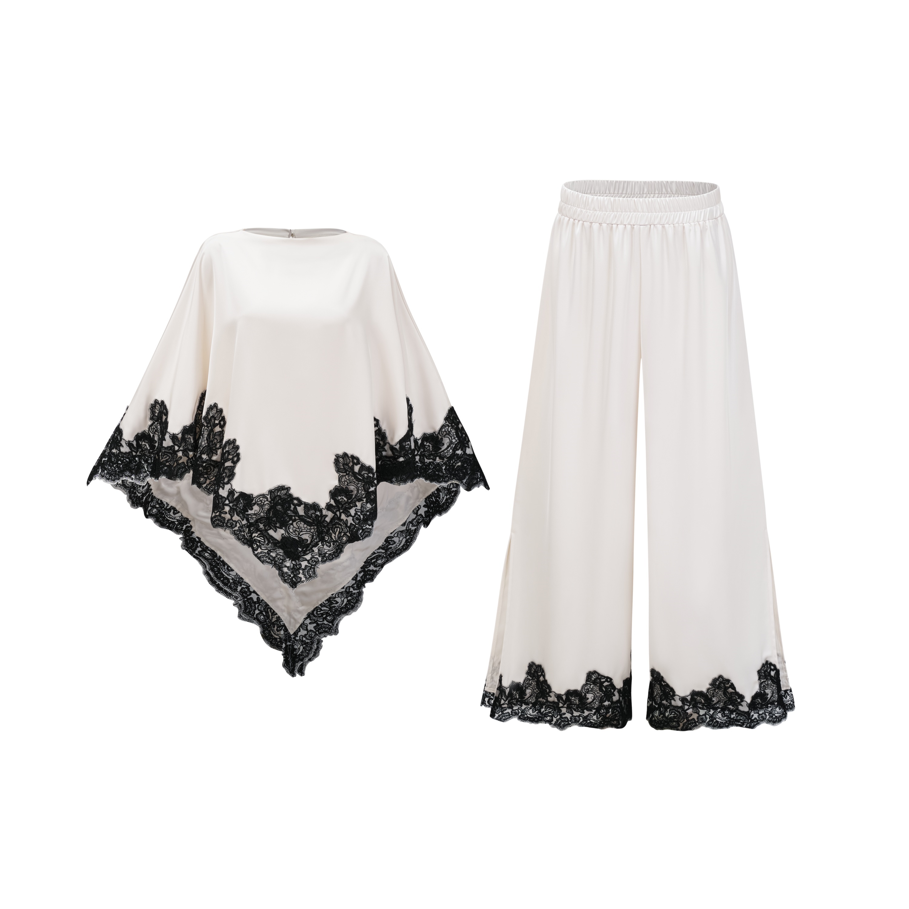 Mabel White Cape Top & Wide Leg Trousers Set with Lace Trim