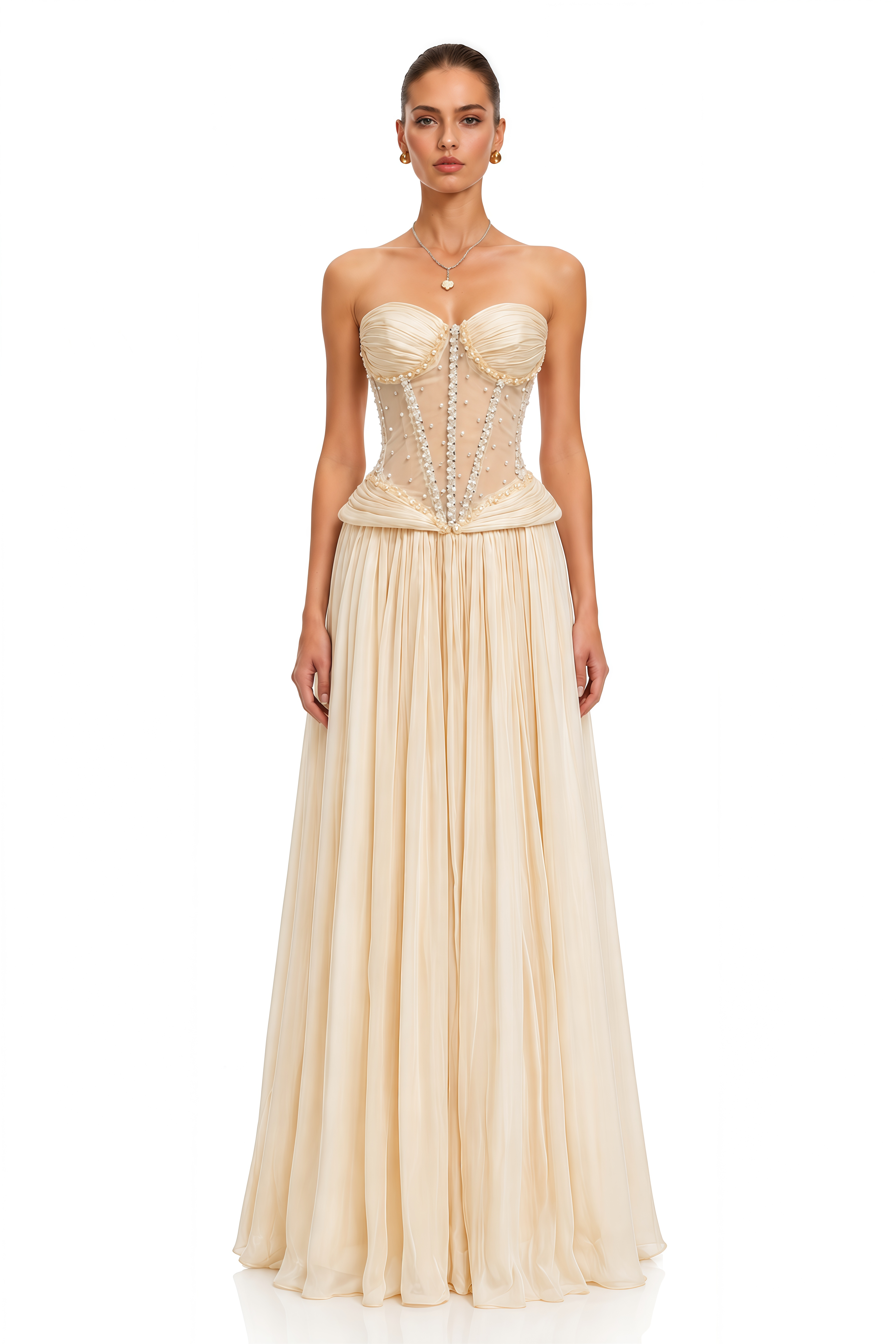 Madilynn Champagne Crystal-Embellished Sheer Corset Maxi Gown