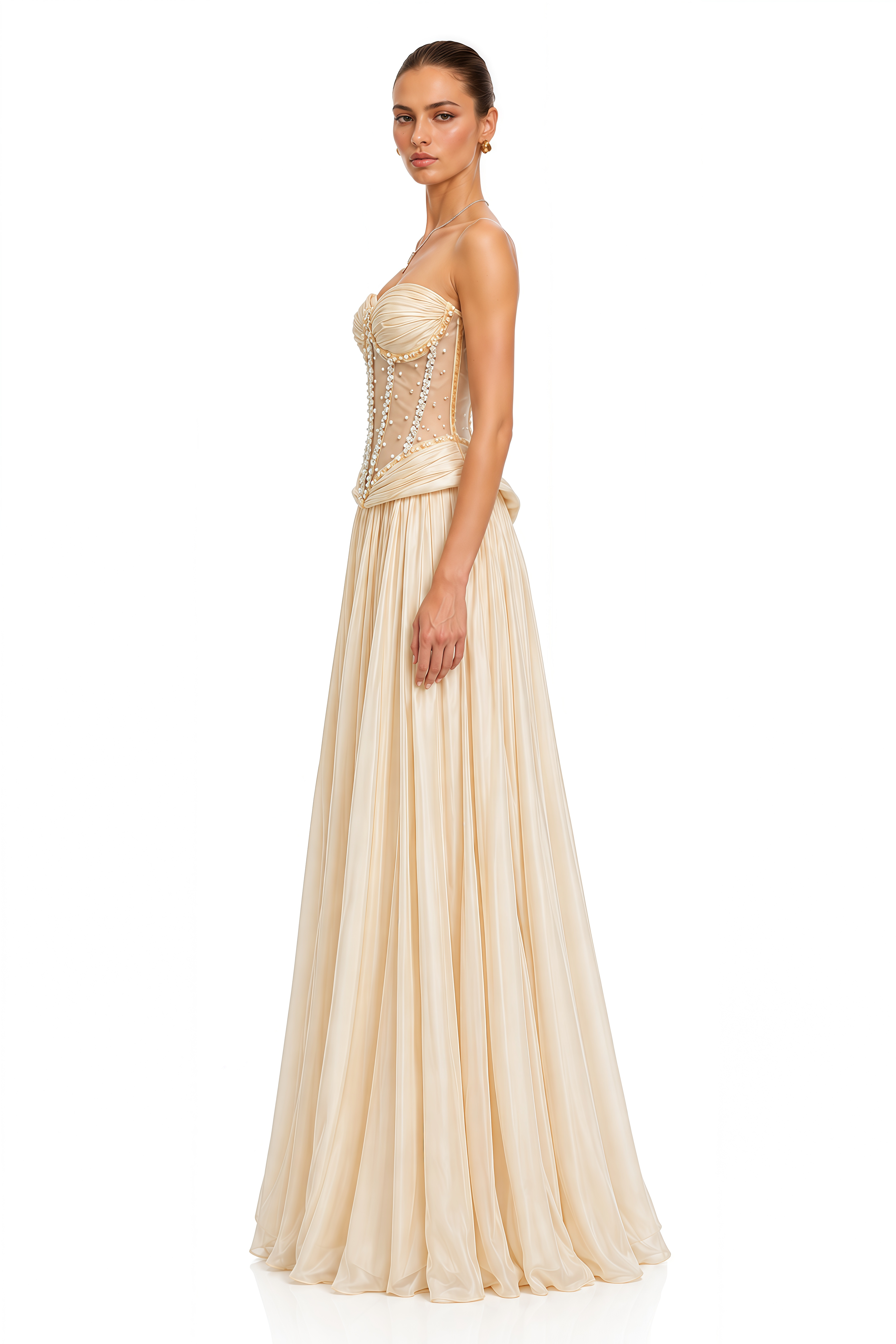 Madilynn Champagne Crystal-Embellished Sheer Corset Maxi Gown