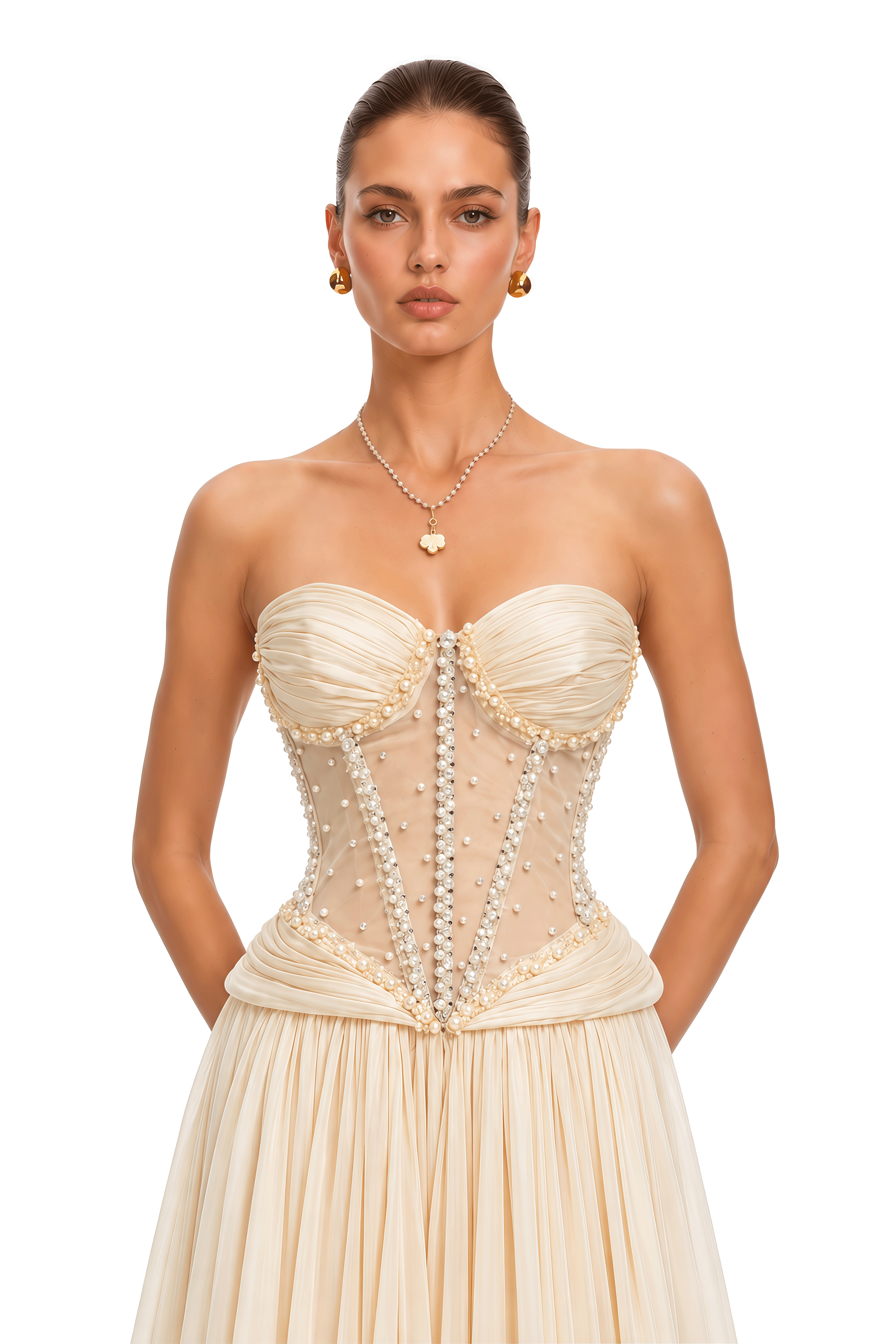 Madilynn Champagne Crystal-Embellished Sheer Corset Maxi Gown