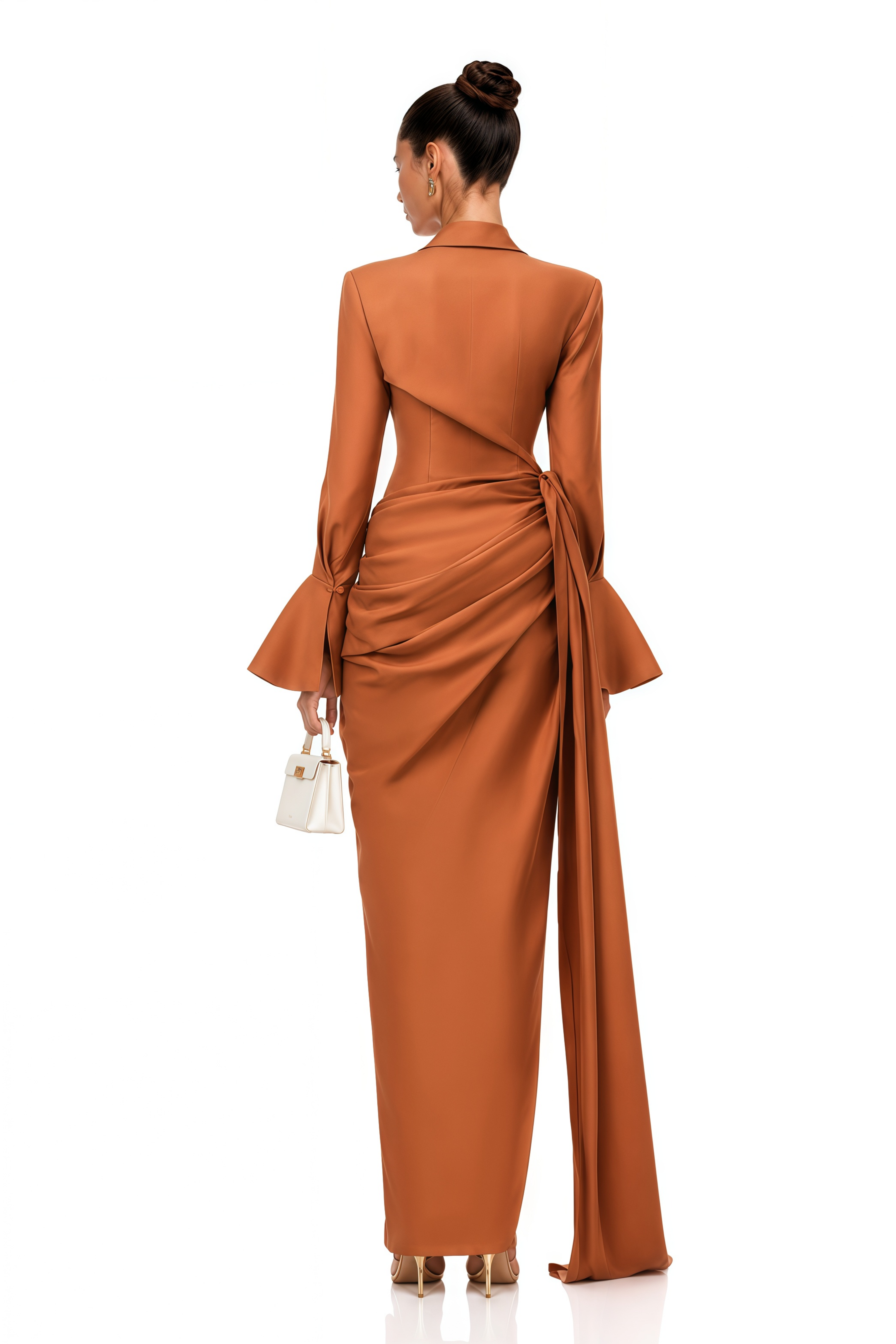 Madisson Brown Draped High-Slit Maxi Dress with Flared Sleeves