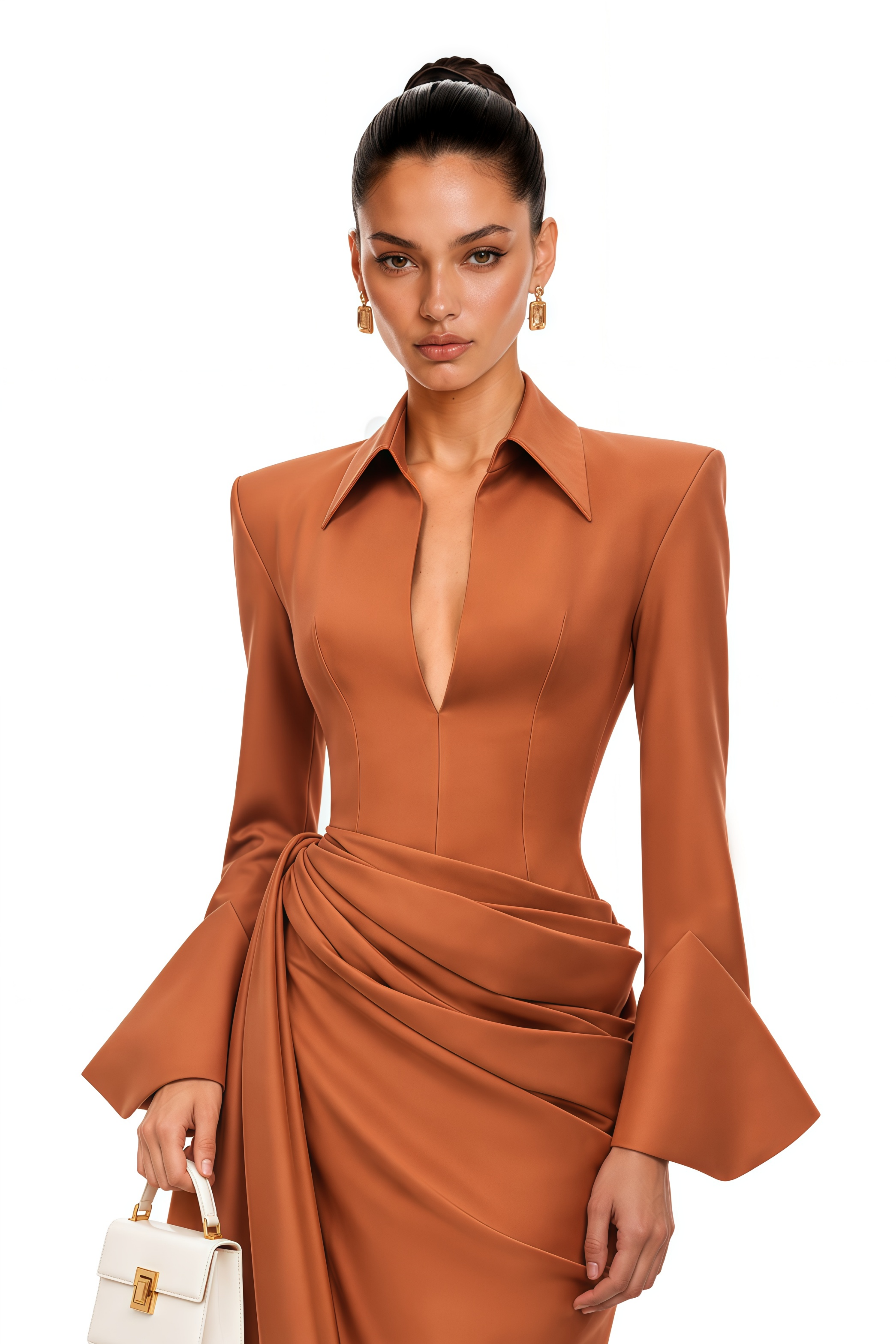 Madisson Brown Draped High-Slit Maxi Dress with Flared Sleeves