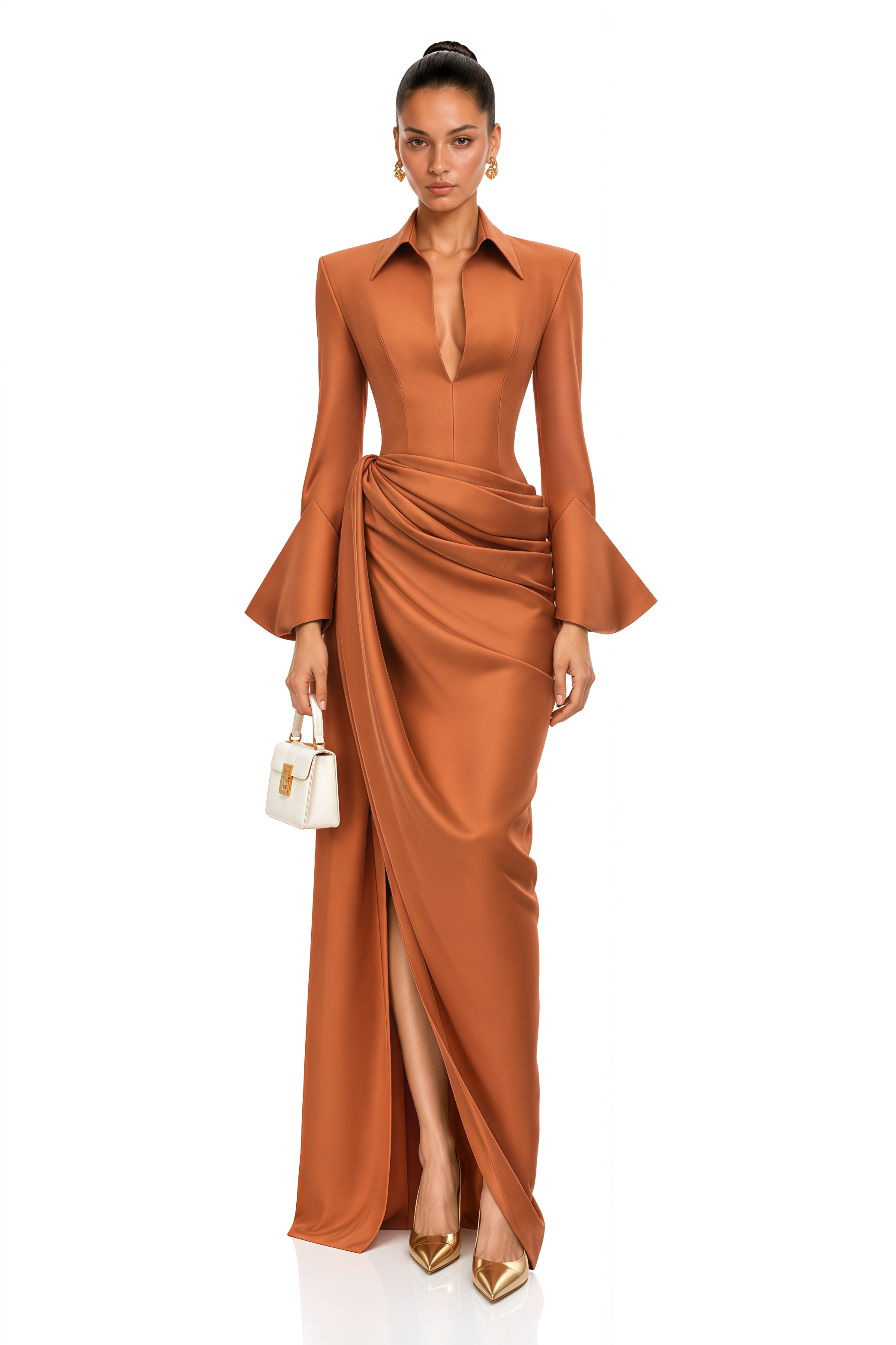 Madisson Brown Draped High-Slit Maxi Dress with Flared Sleeves