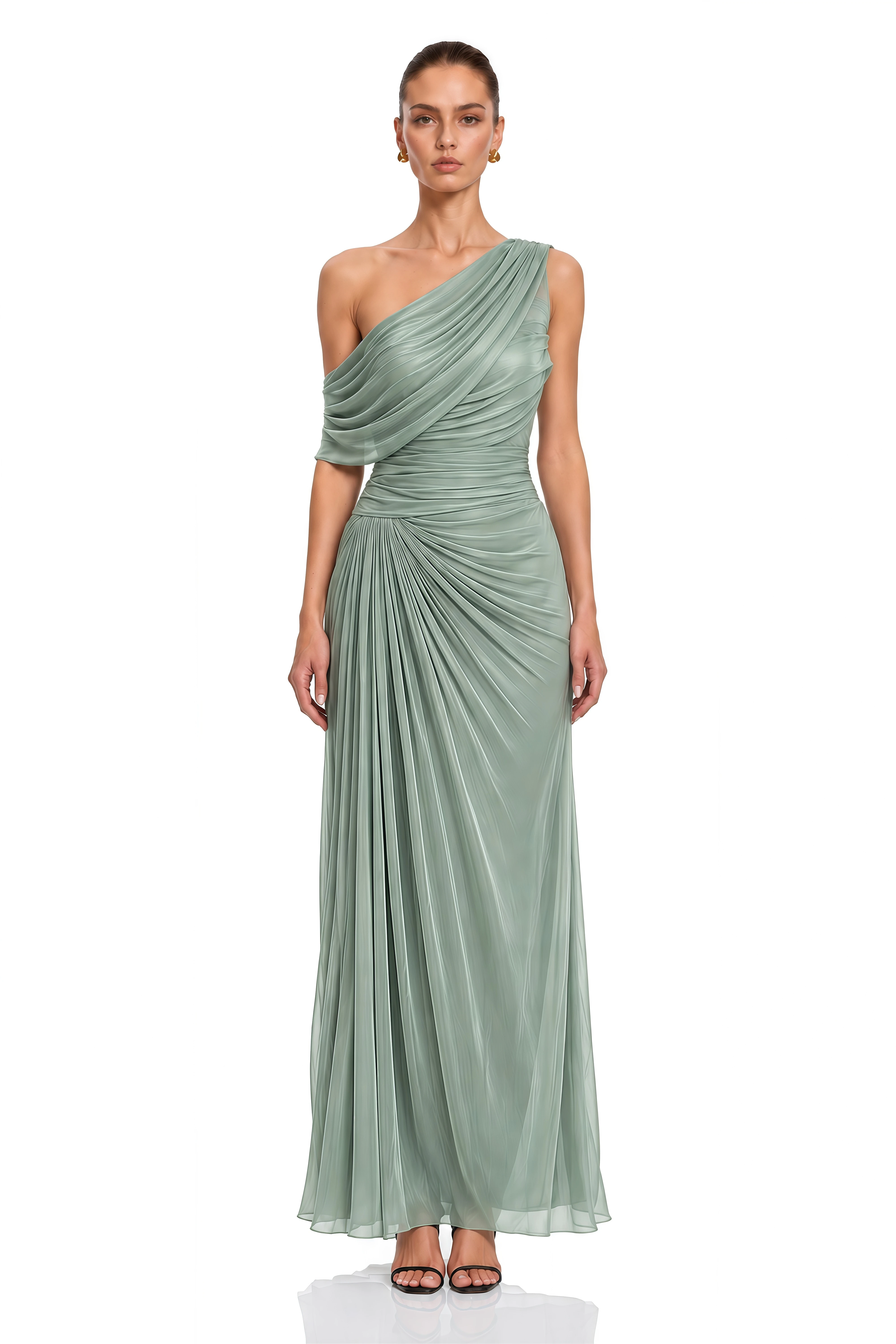 Maela Sage Green One Shoulder Pleated Maxi Dress