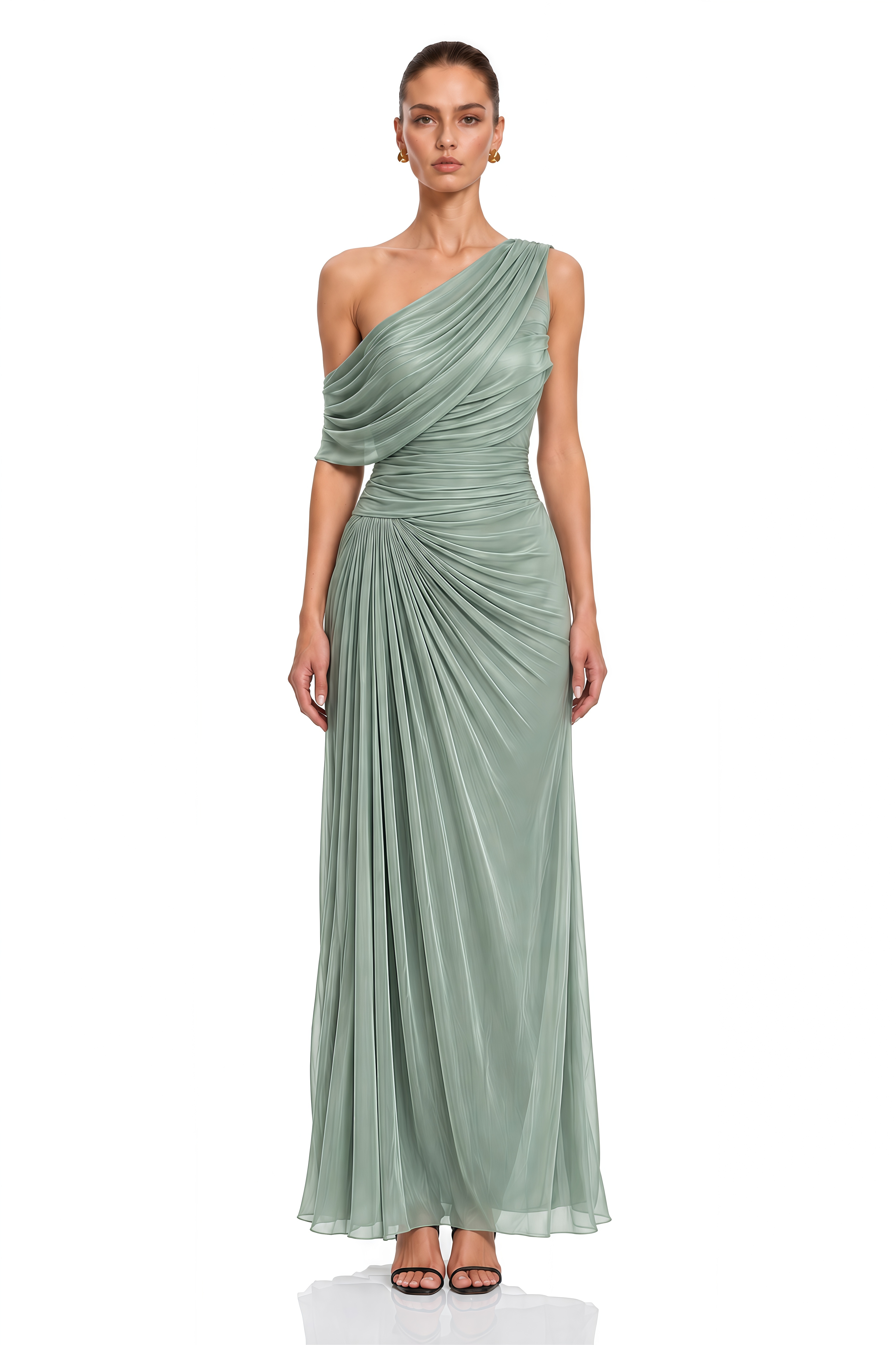 Maela Sage Green One Shoulder Pleated Maxi Dress