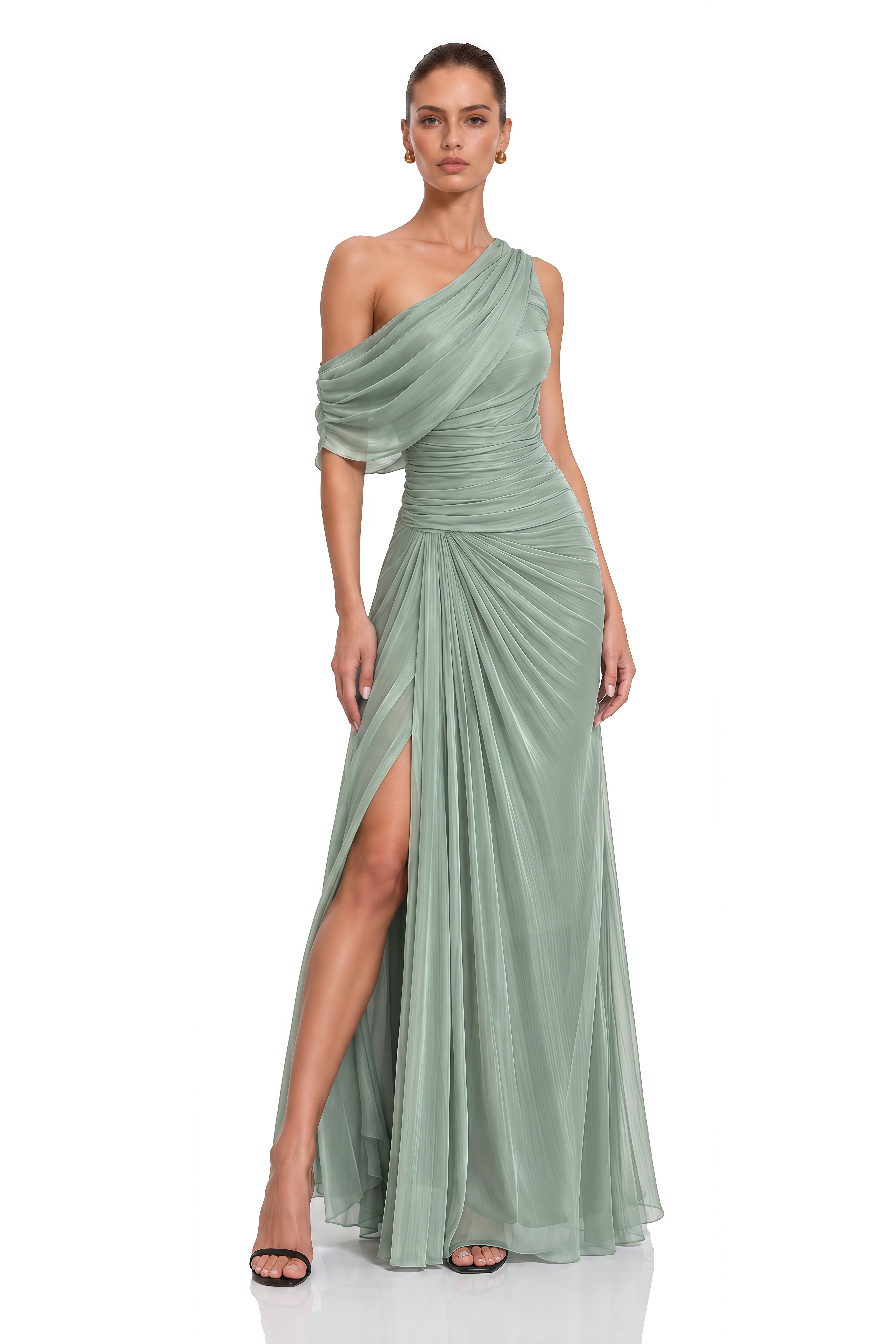 Maela Sage Green One Shoulder Pleated Maxi Dress