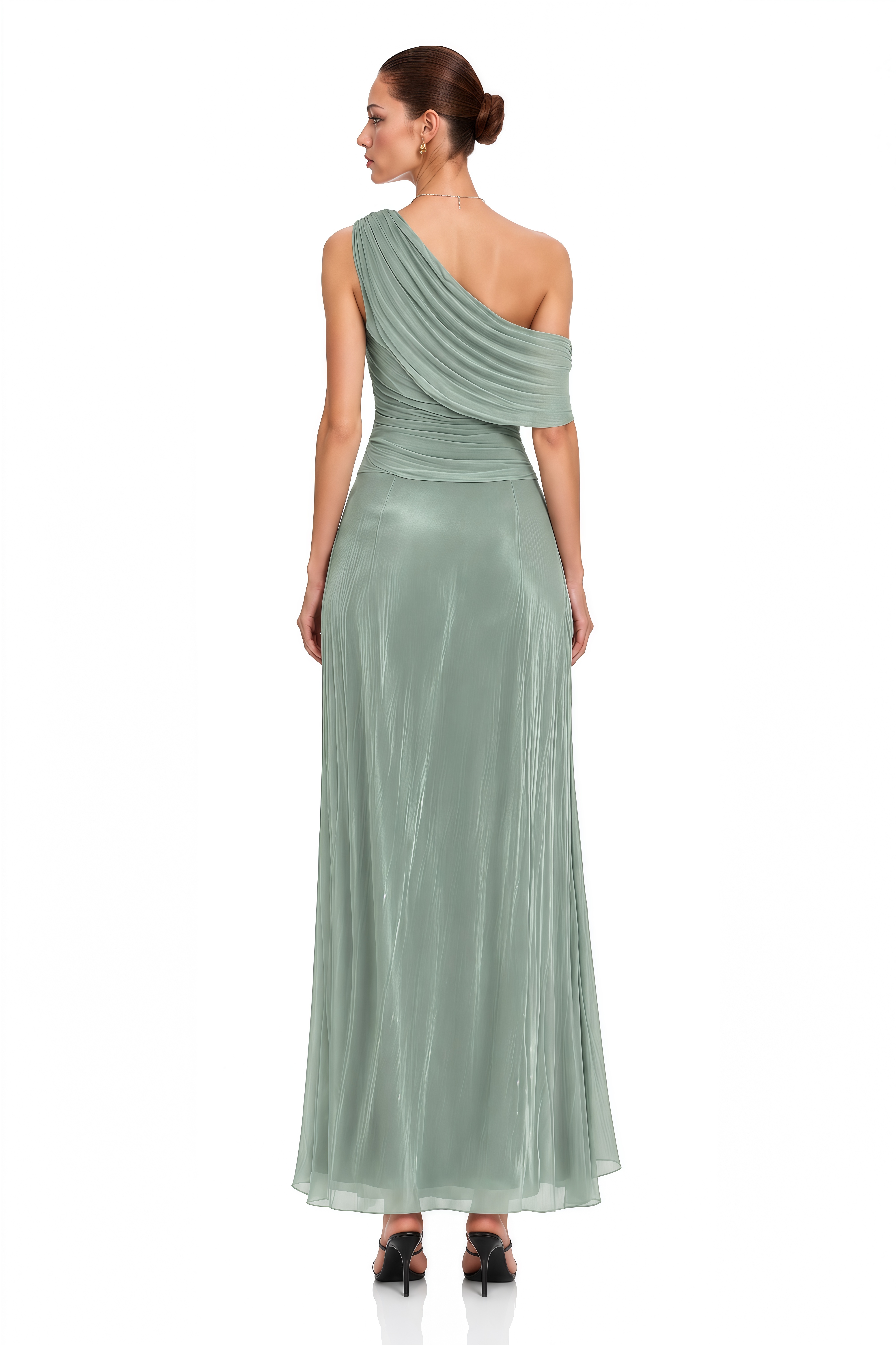Maela Sage Green One Shoulder Pleated Maxi Dress
