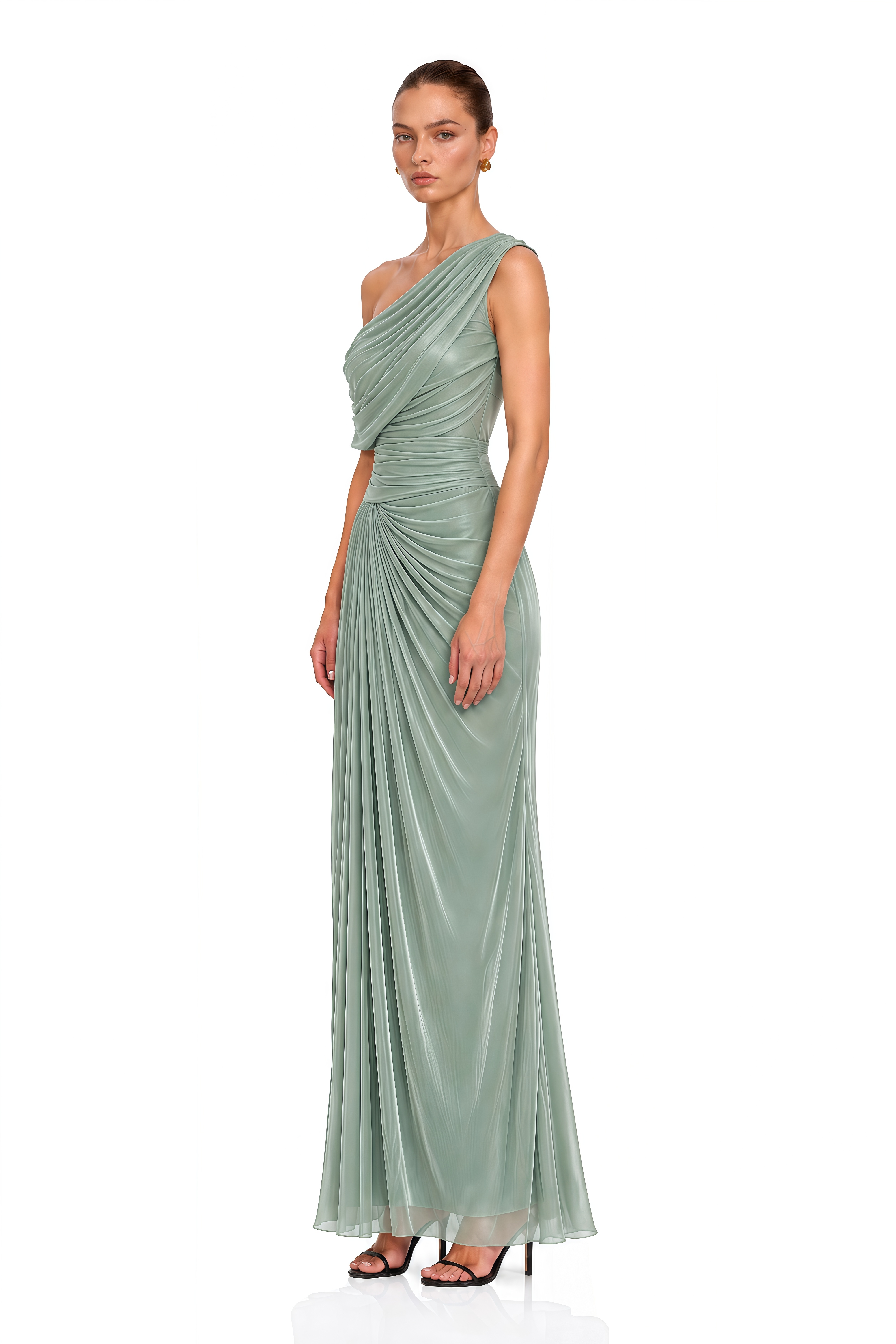 Maela Sage Green One Shoulder Pleated Maxi Dress