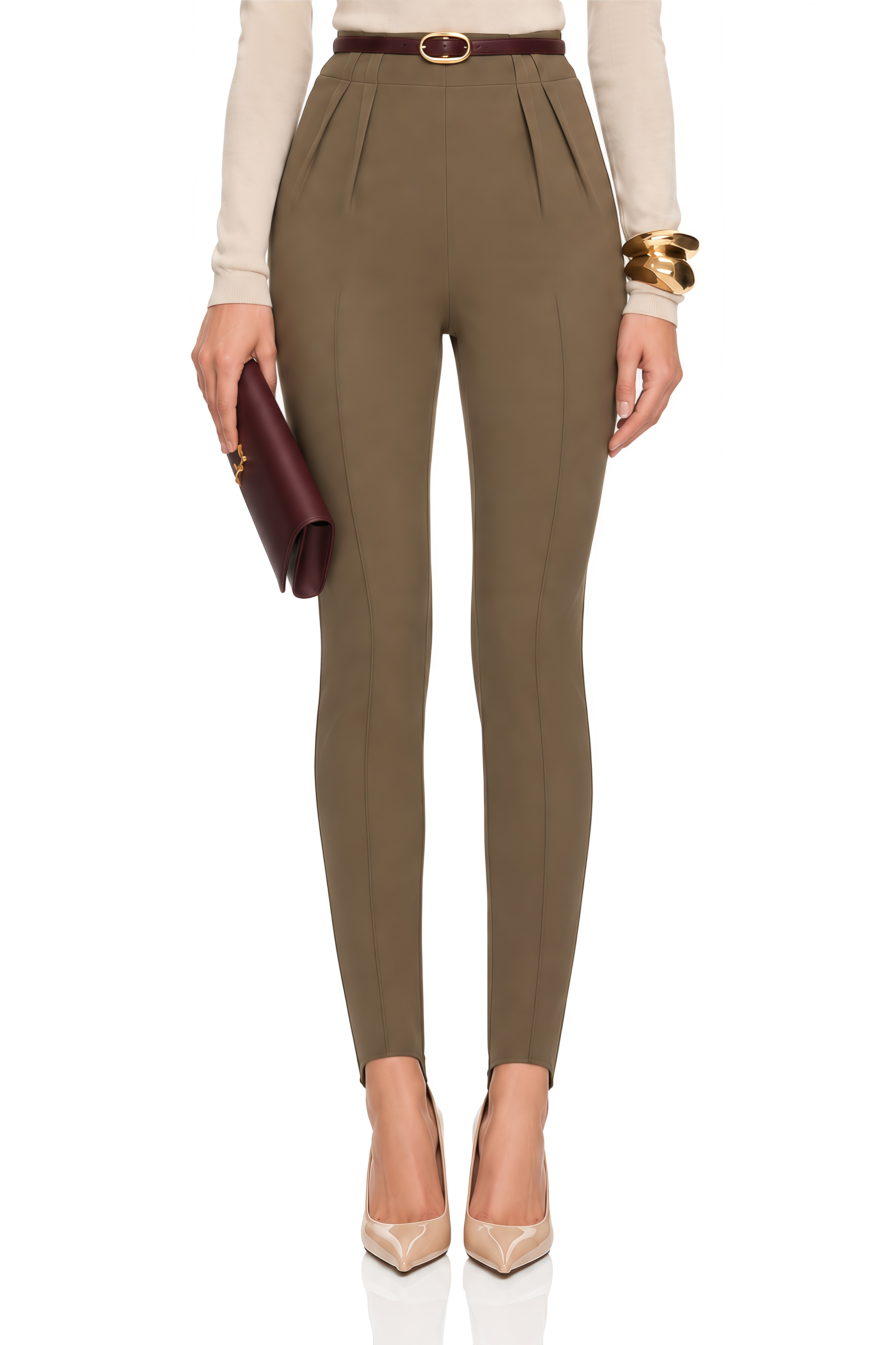 Maelle Khaki High Waist Fitted Stirrup Leggings