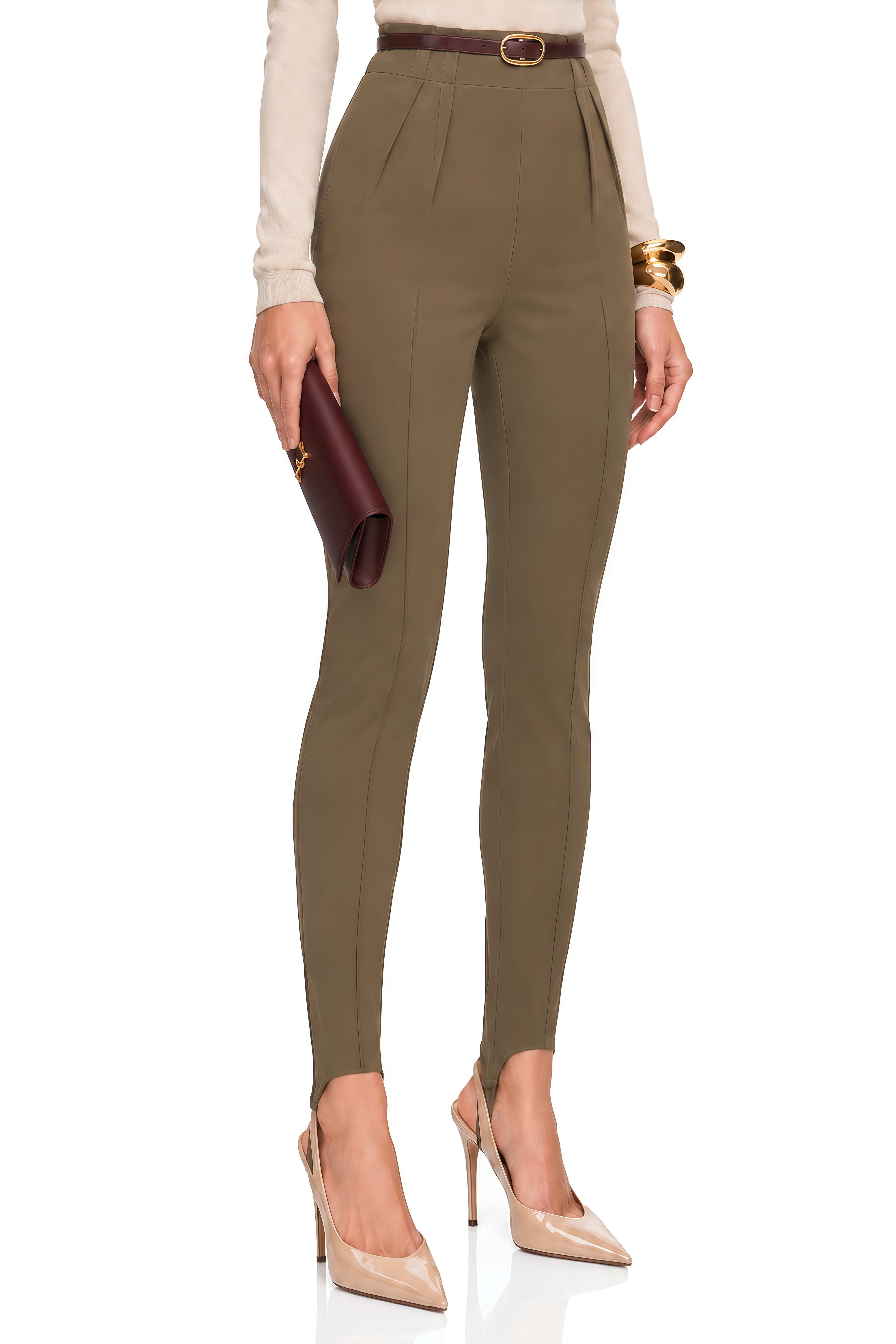 Maelle Khaki High Waist Fitted Stirrup Leggings