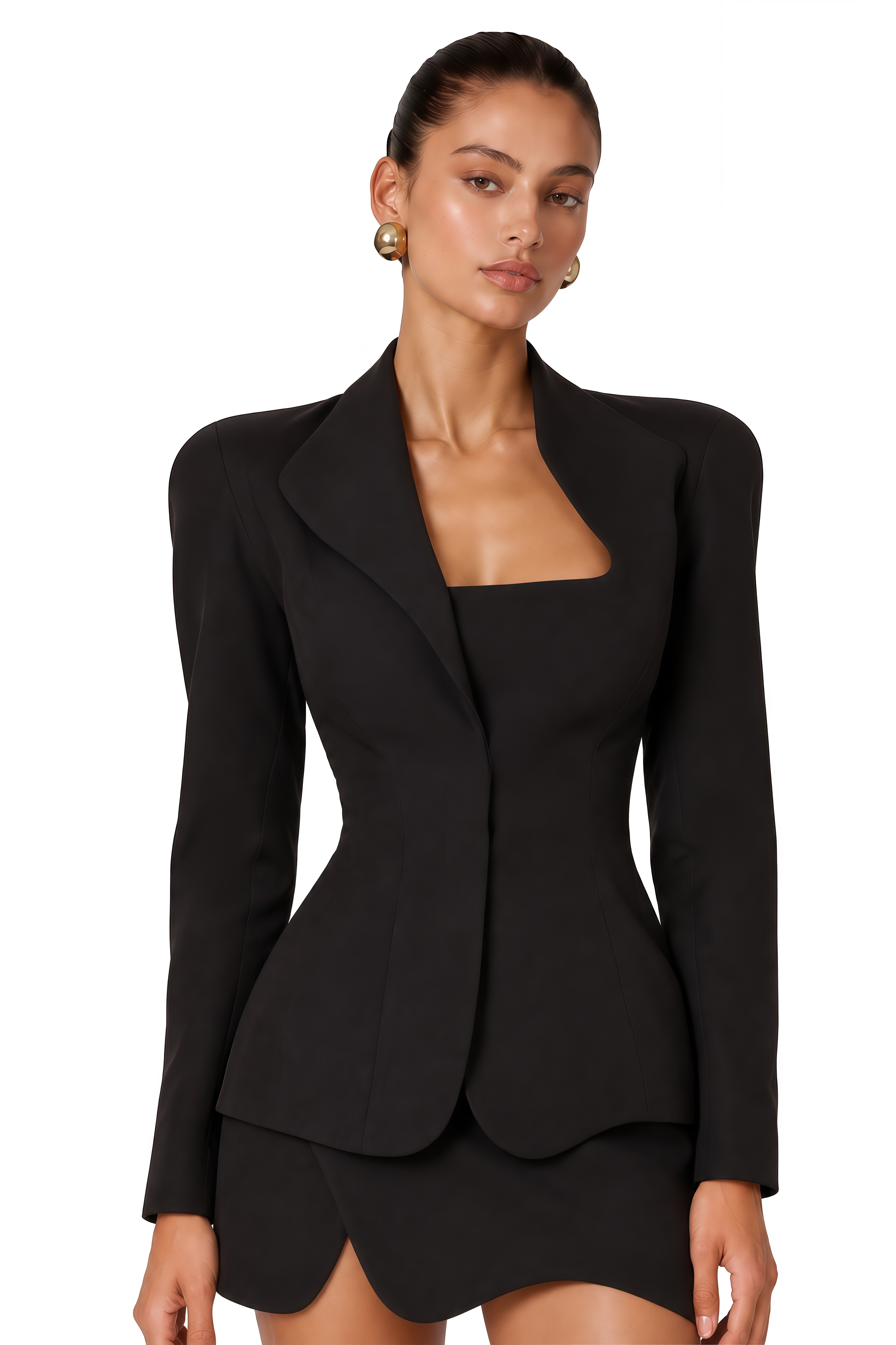 Maeve Black Structured Blazer & Asymmetrical Mini Skirt Set