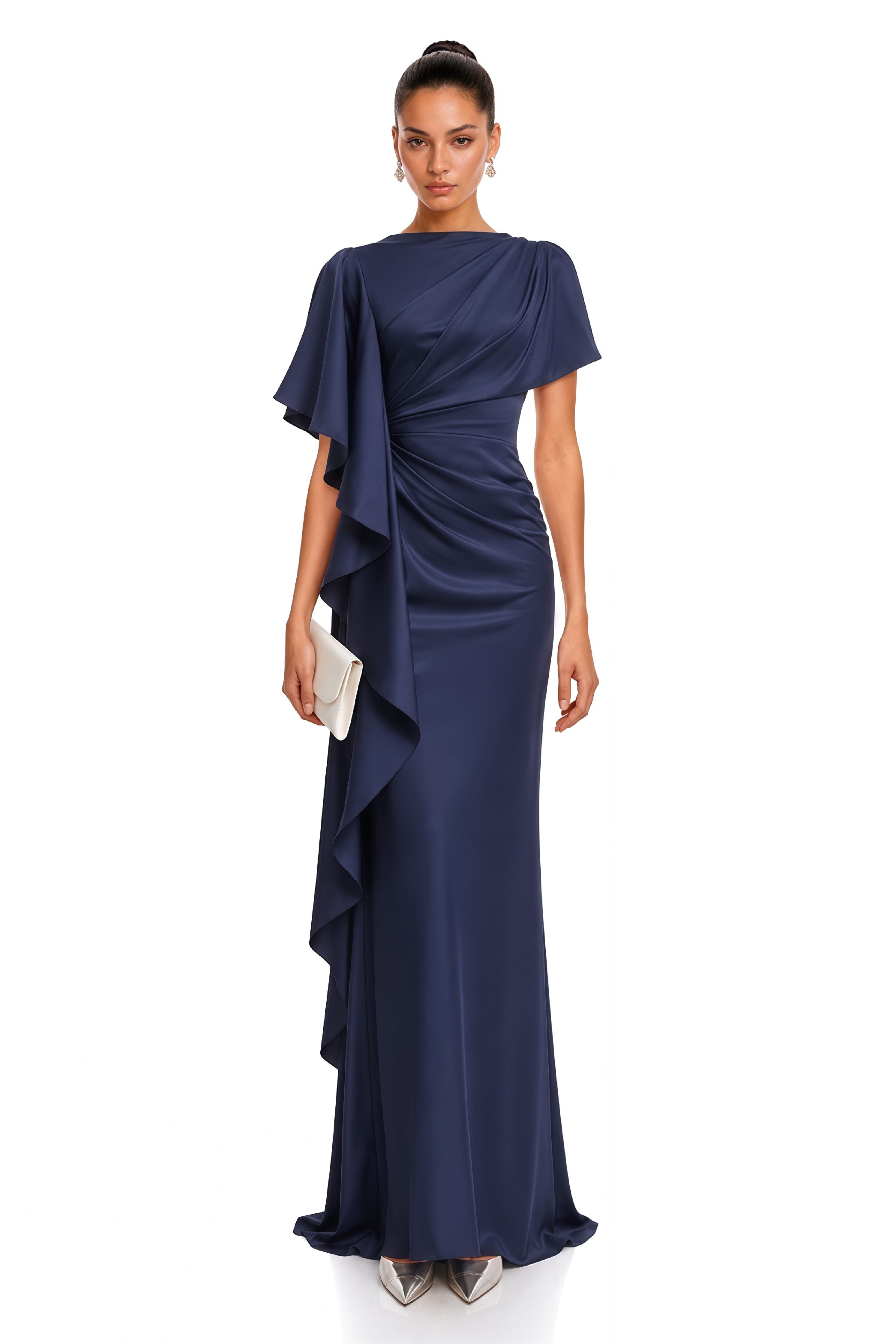 Maeve Navy One Shoulder Draped Cape Maxi Dress