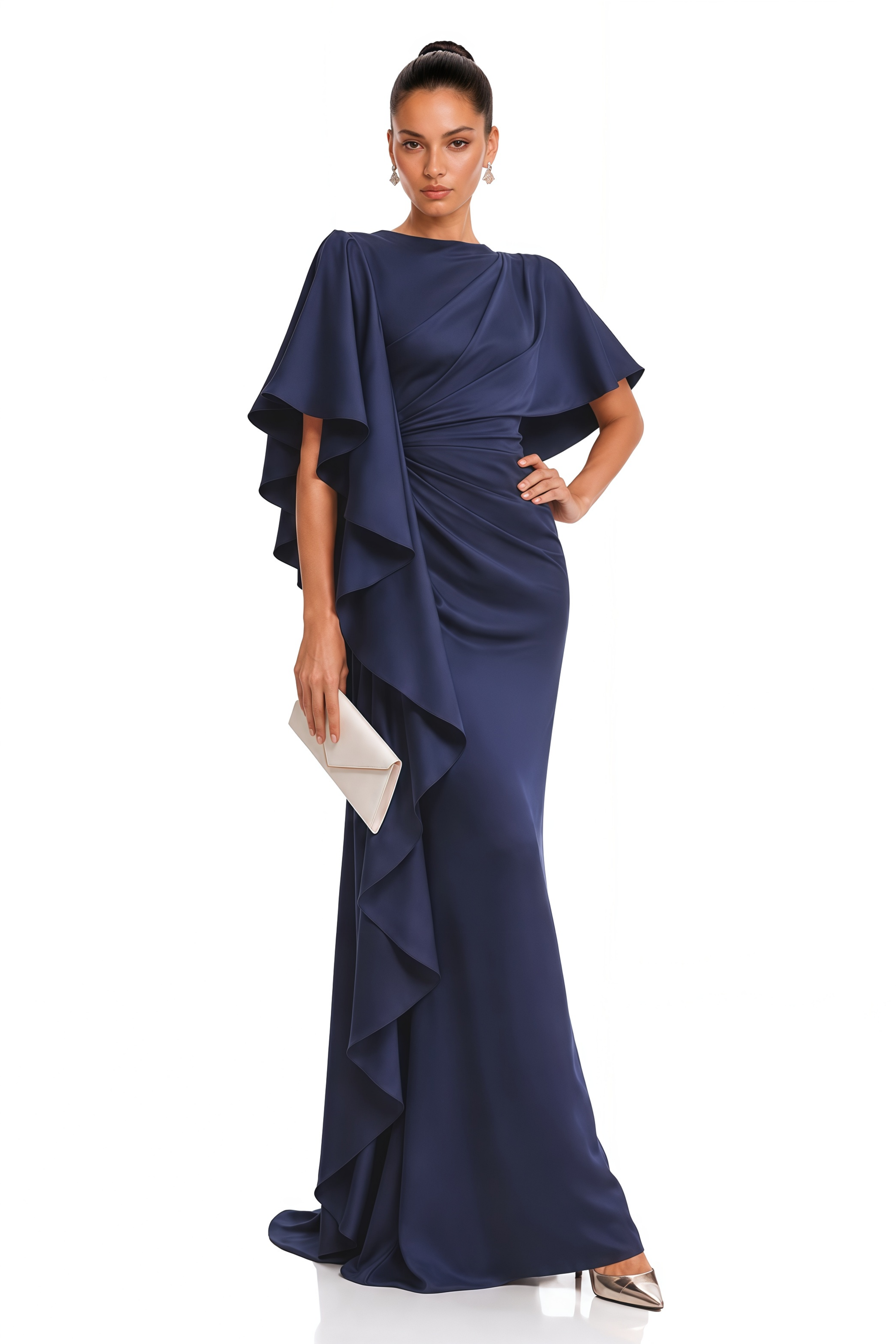 Maeve Navy One Shoulder Draped Cape Maxi Dress