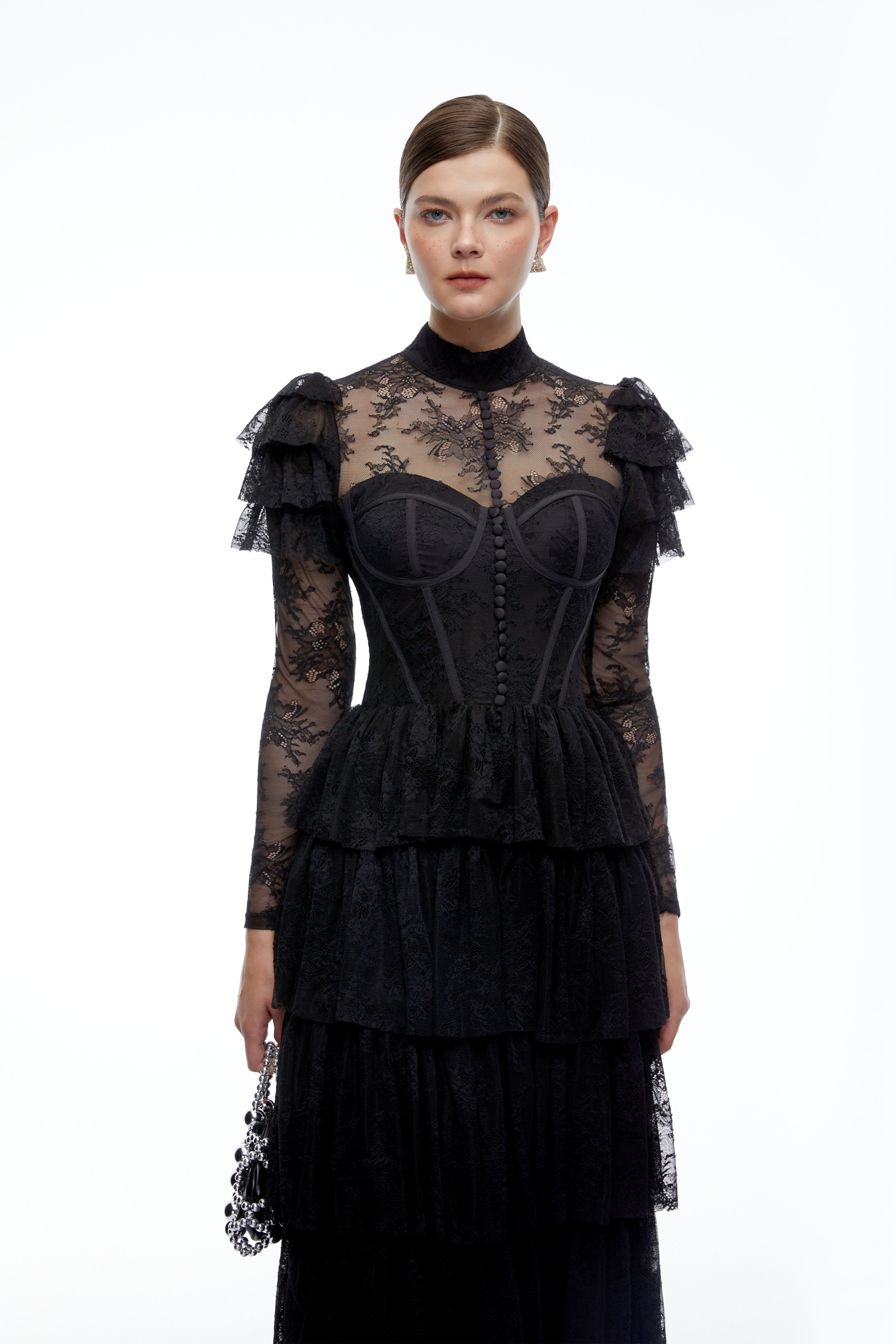 Maggie Black Lace Ruffled Maxi Dress