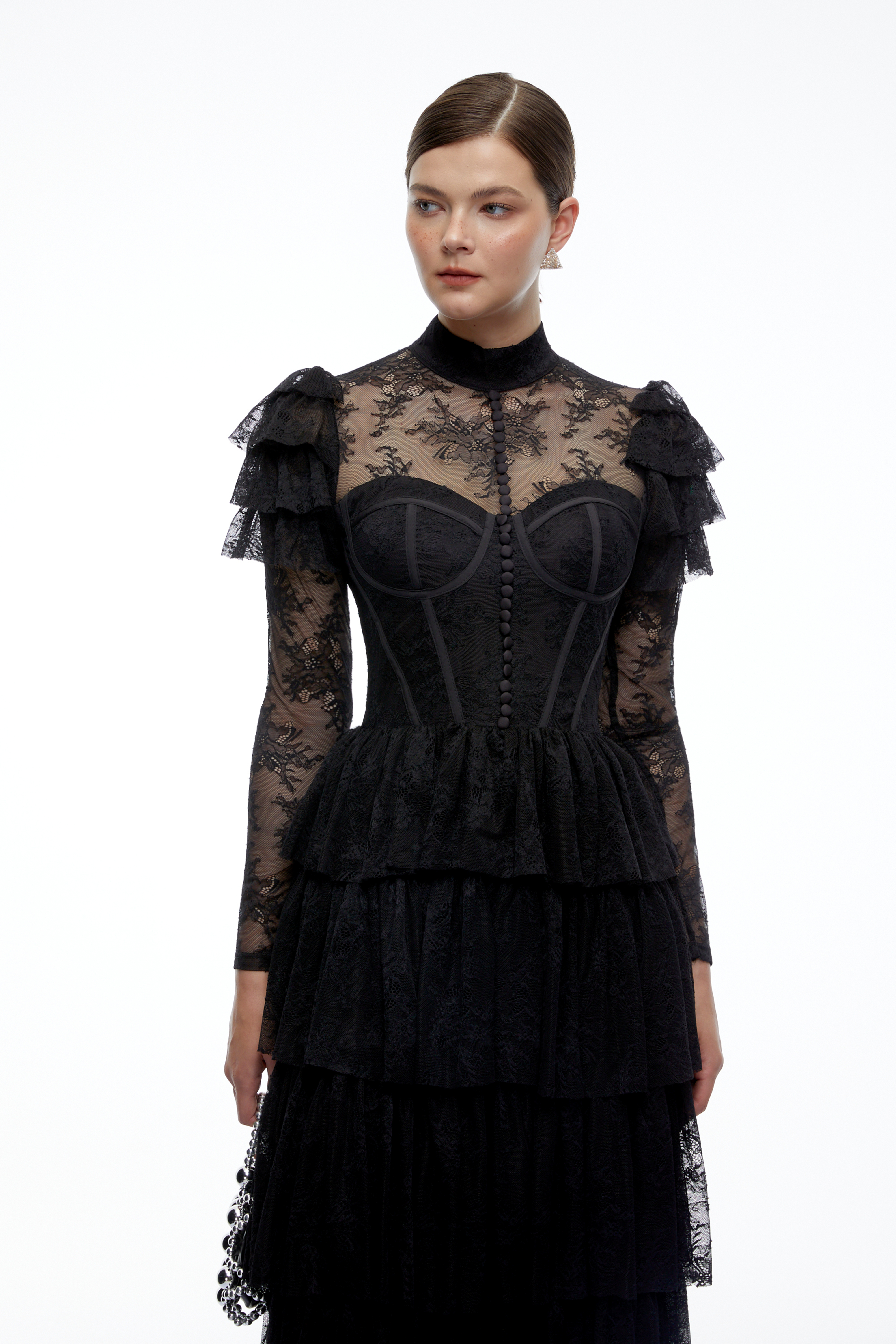 Maggie Black Lace Ruffled Maxi Dress