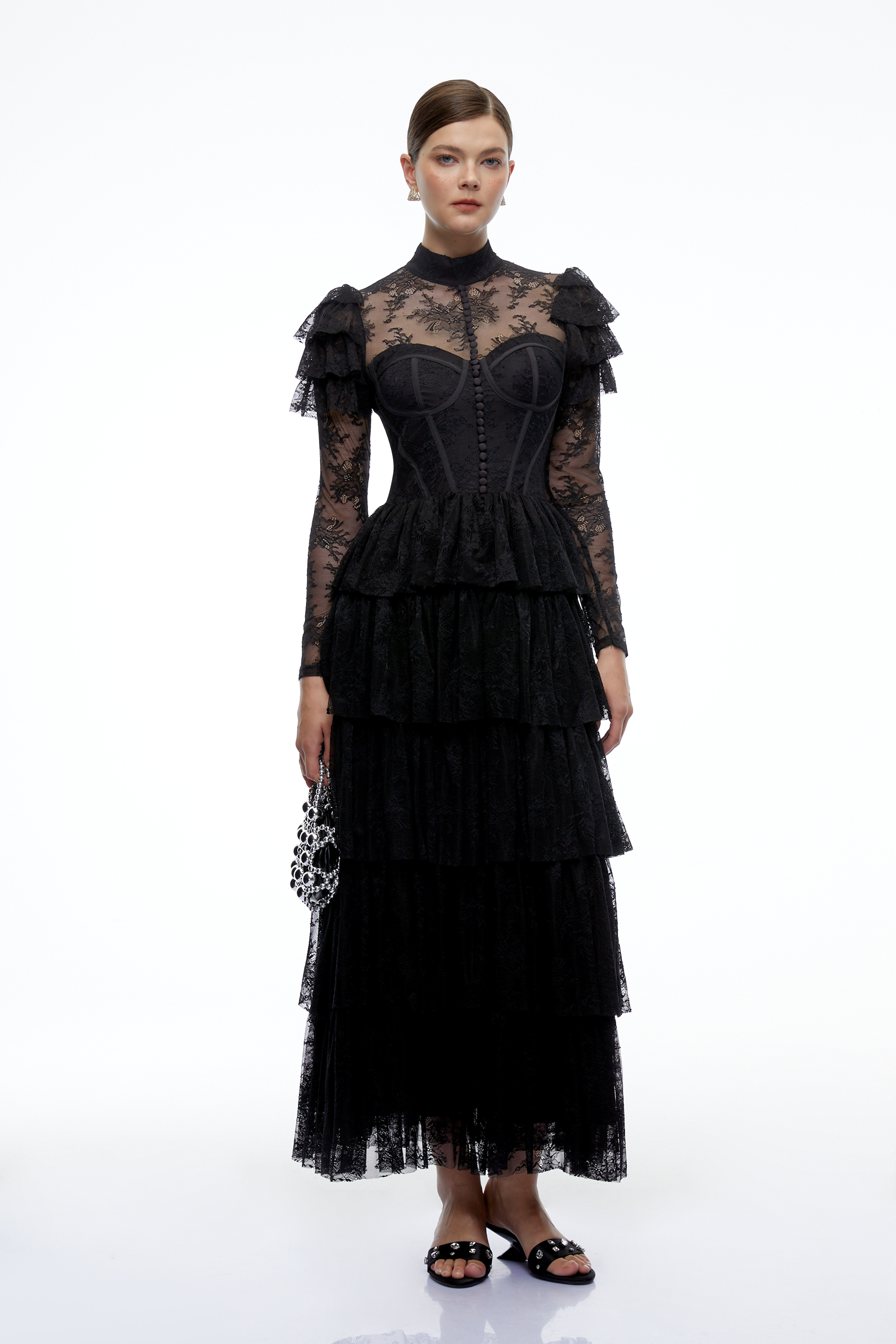 Maggie Black Lace Ruffled Maxi Dress