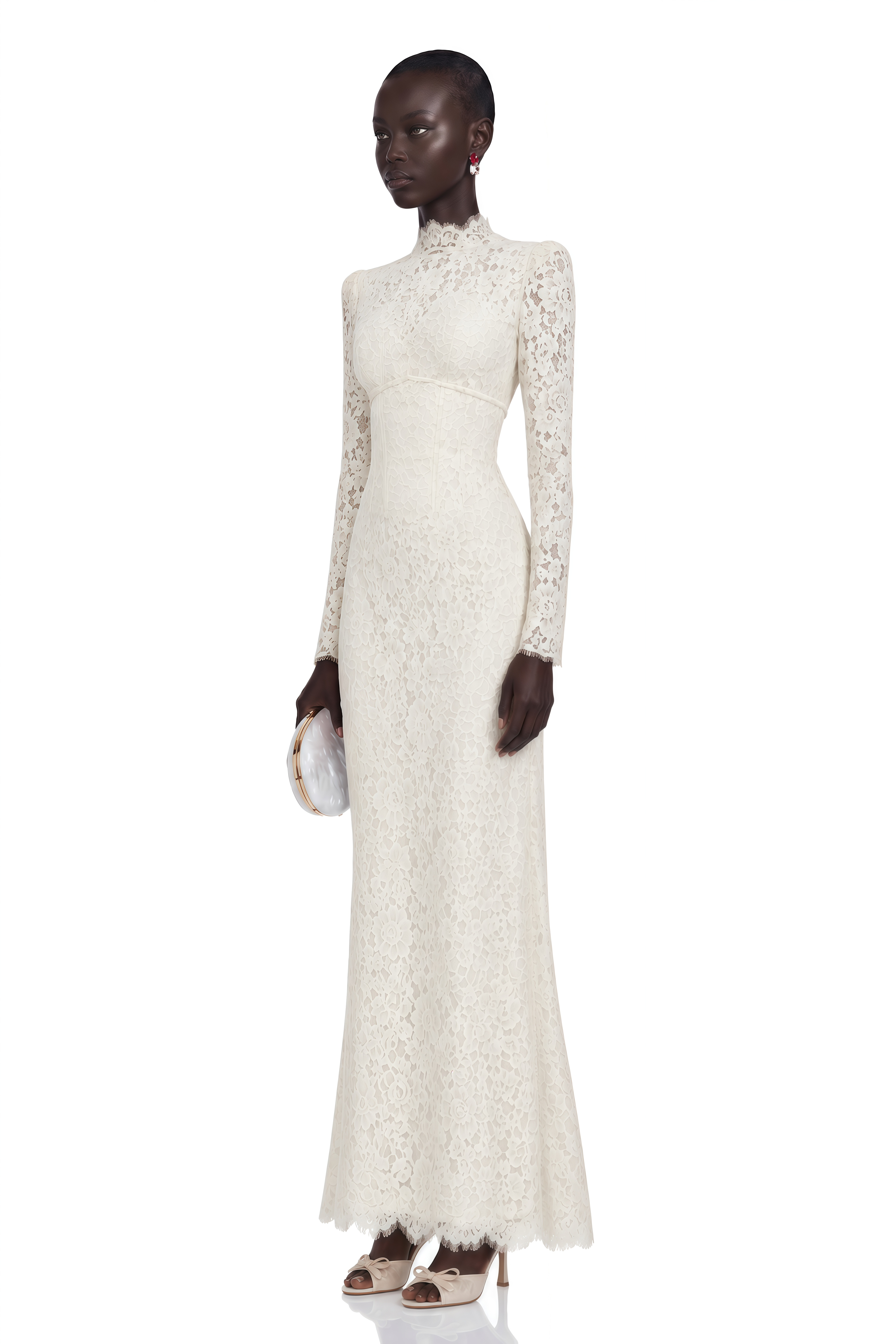 Maggie Ivory High Neck Floral Lace Maxi Dress