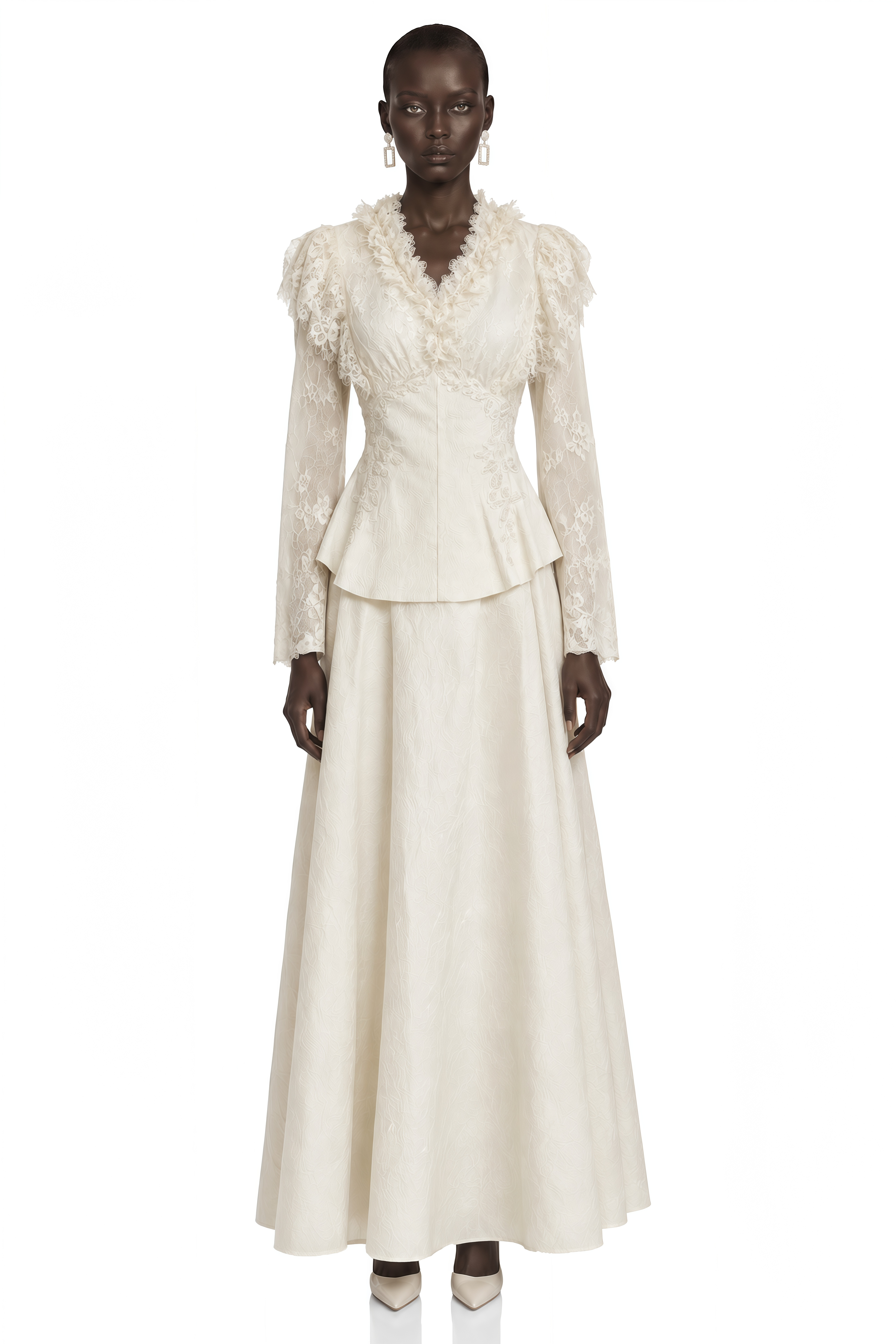 Magnolia Neutral Lace Ruffle Blouse & Maxi Skirt Set