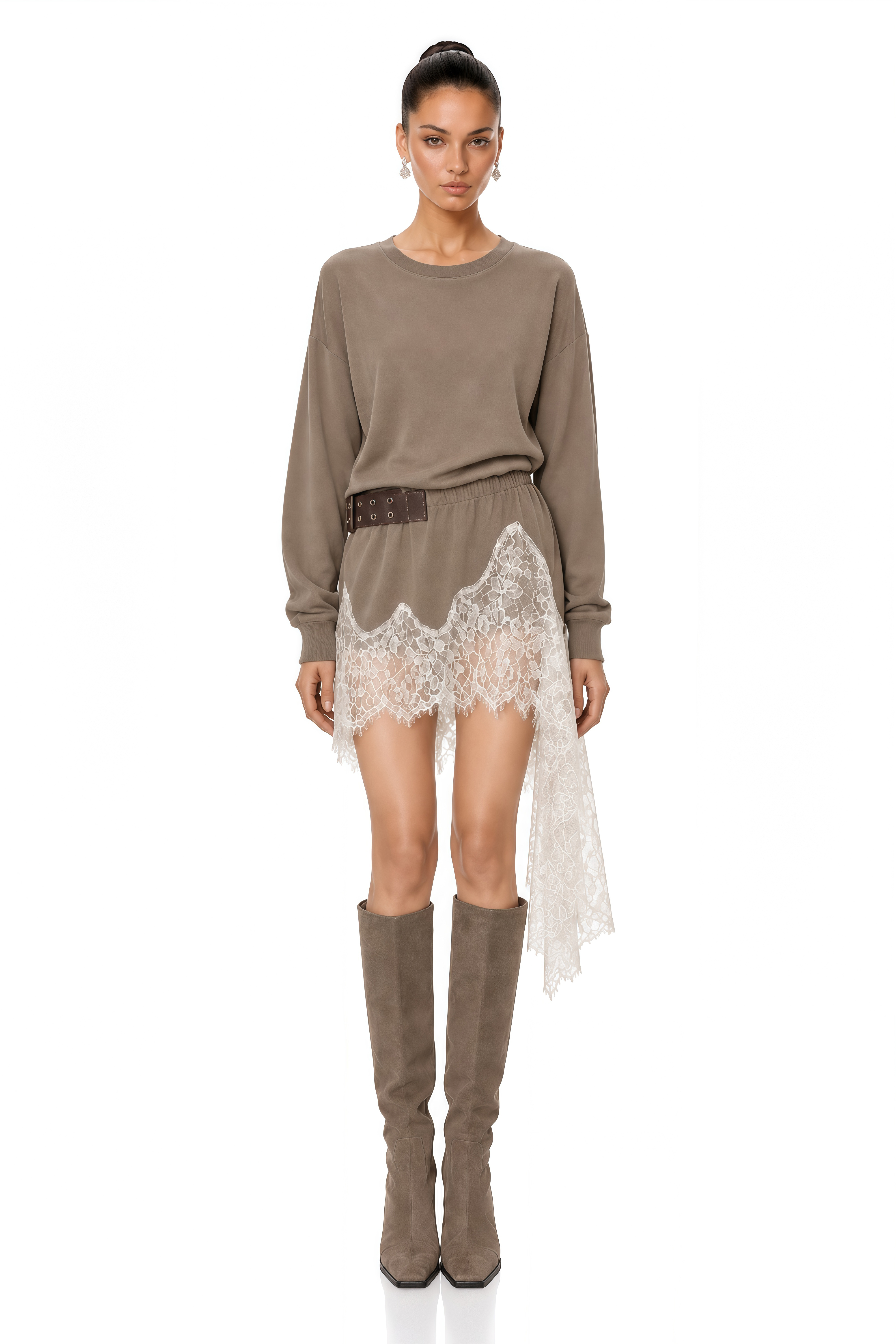 Maia Khaki Lace Trim Long Sleeve Mini Dress