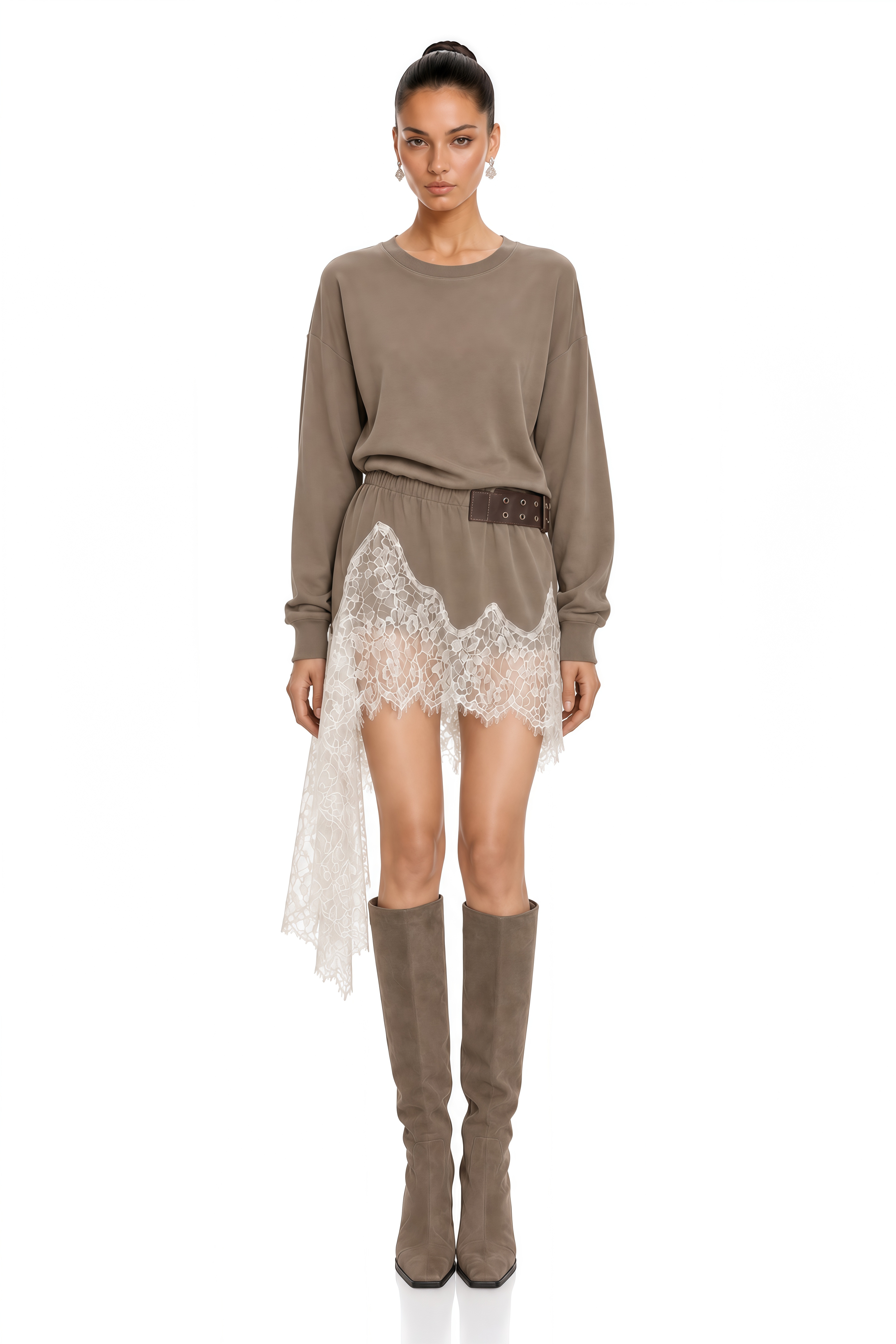 Maia Khaki Lace Trim Long Sleeve Mini Dress