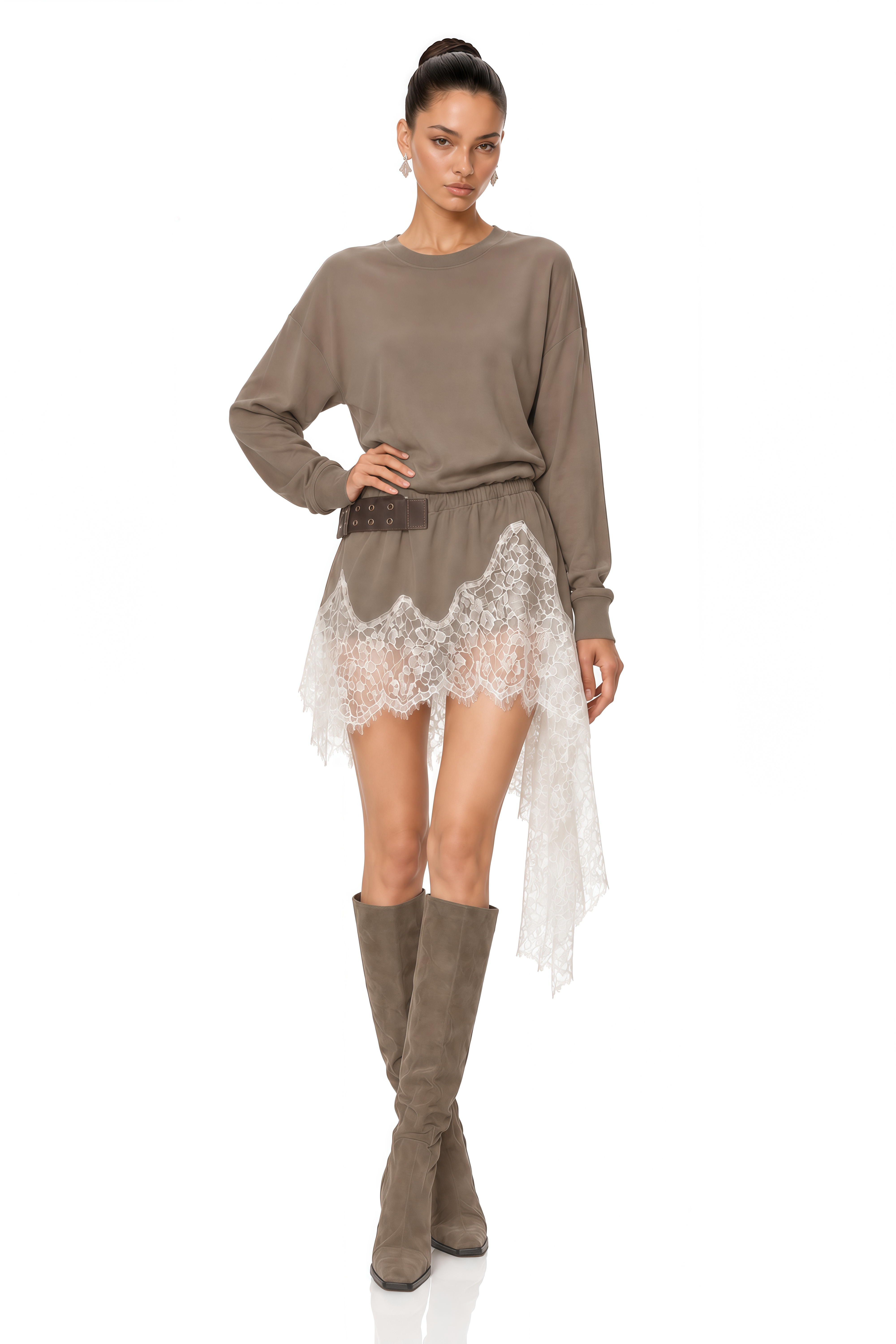 Maia Khaki Lace Trim Long Sleeve Mini Dress