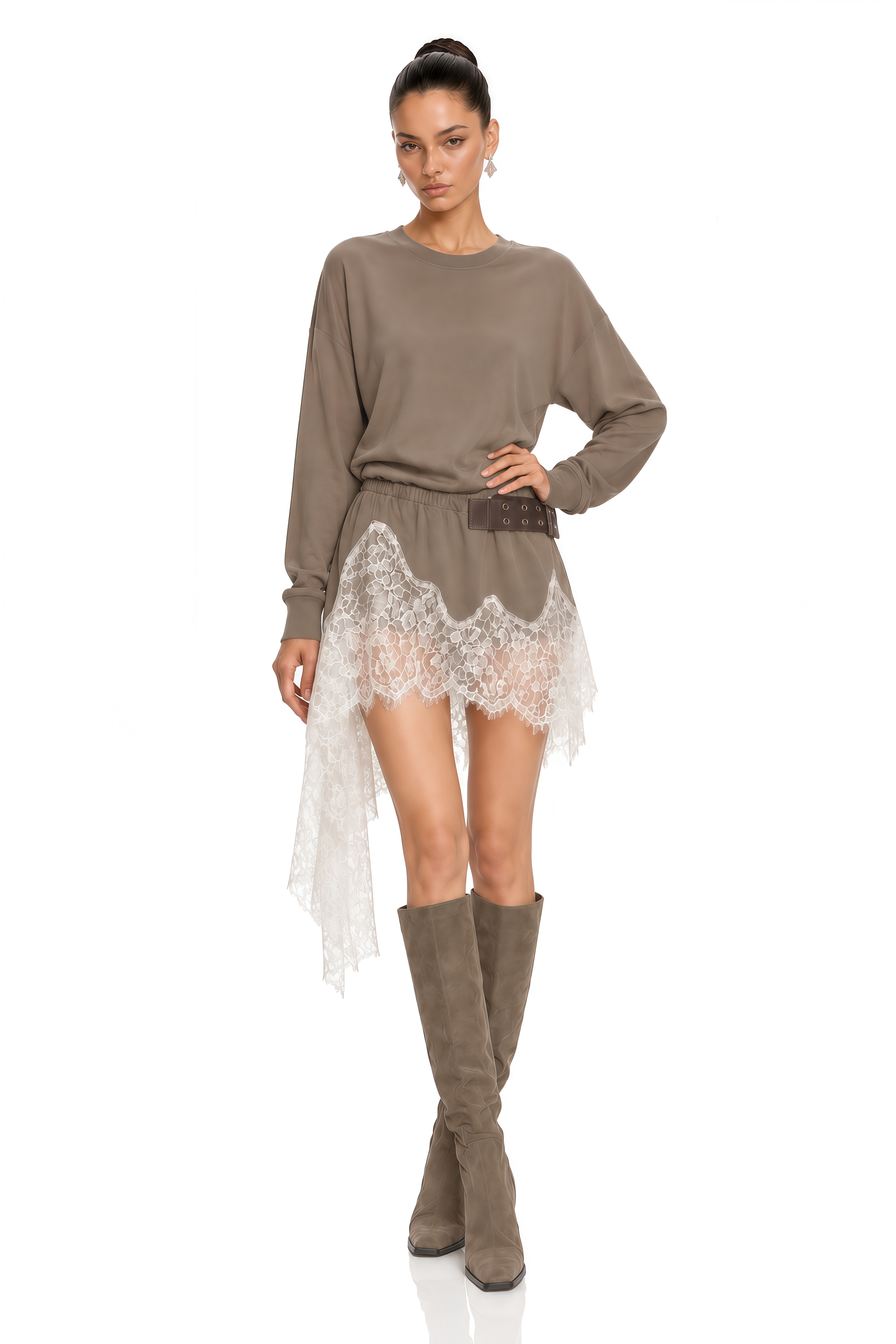 Maia Khaki Lace Trim Long Sleeve Mini Dress