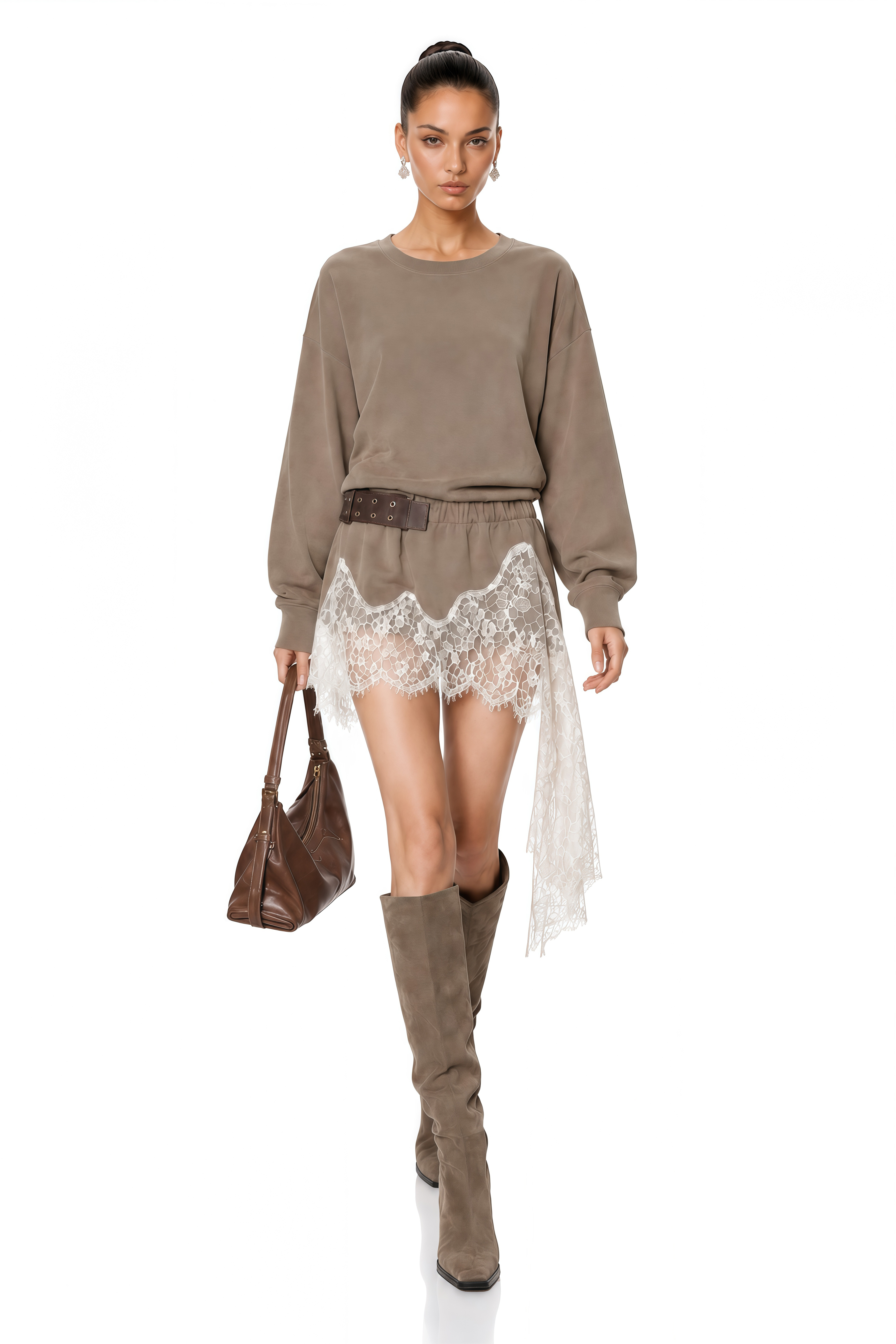 Maia Khaki Lace Trim Long Sleeve Mini Dress