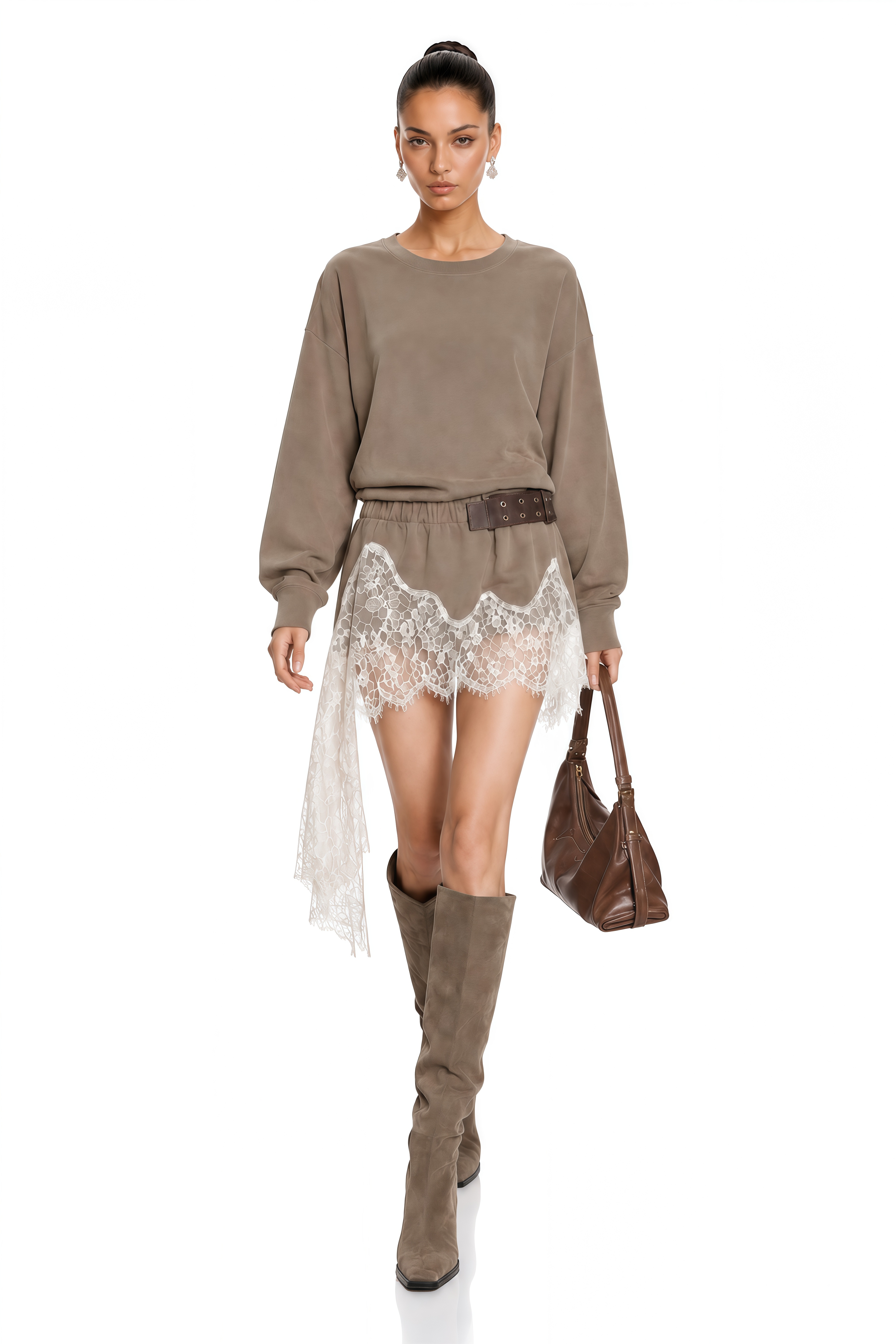 Maia Khaki Lace Trim Long Sleeve Mini Dress