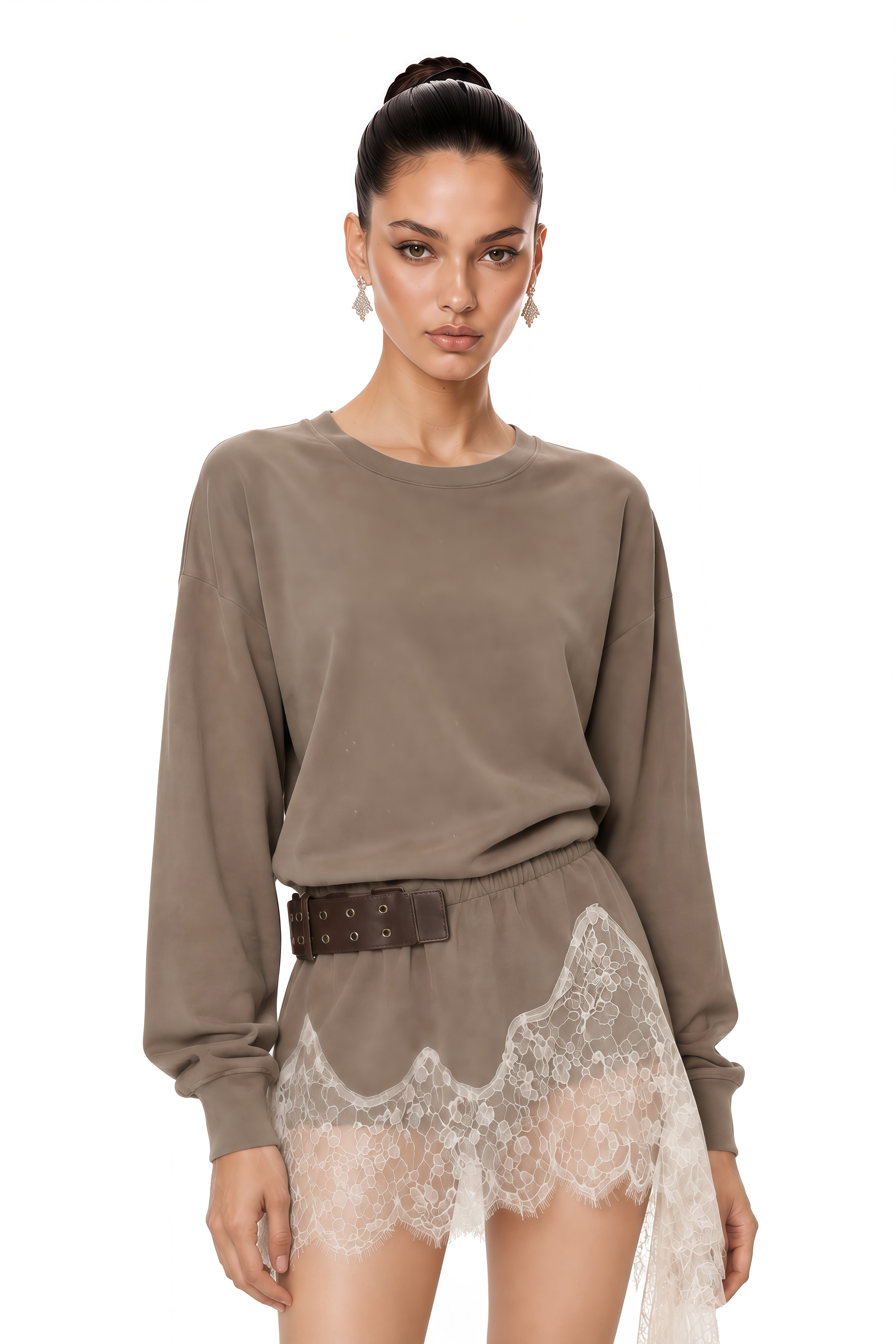 Maia Khaki Lace Trim Long Sleeve Mini Dress