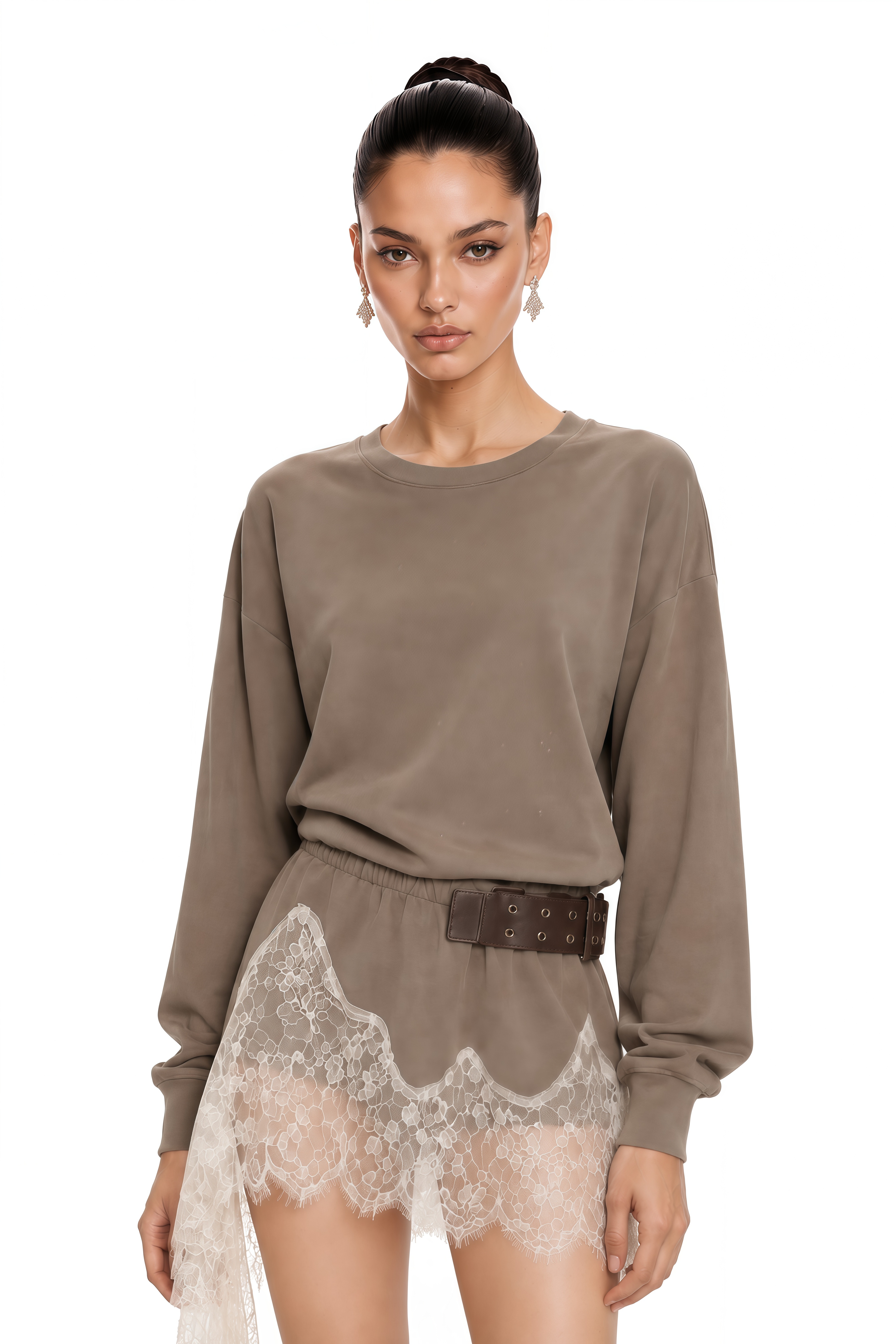 Maia Khaki Lace Trim Long Sleeve Mini Dress