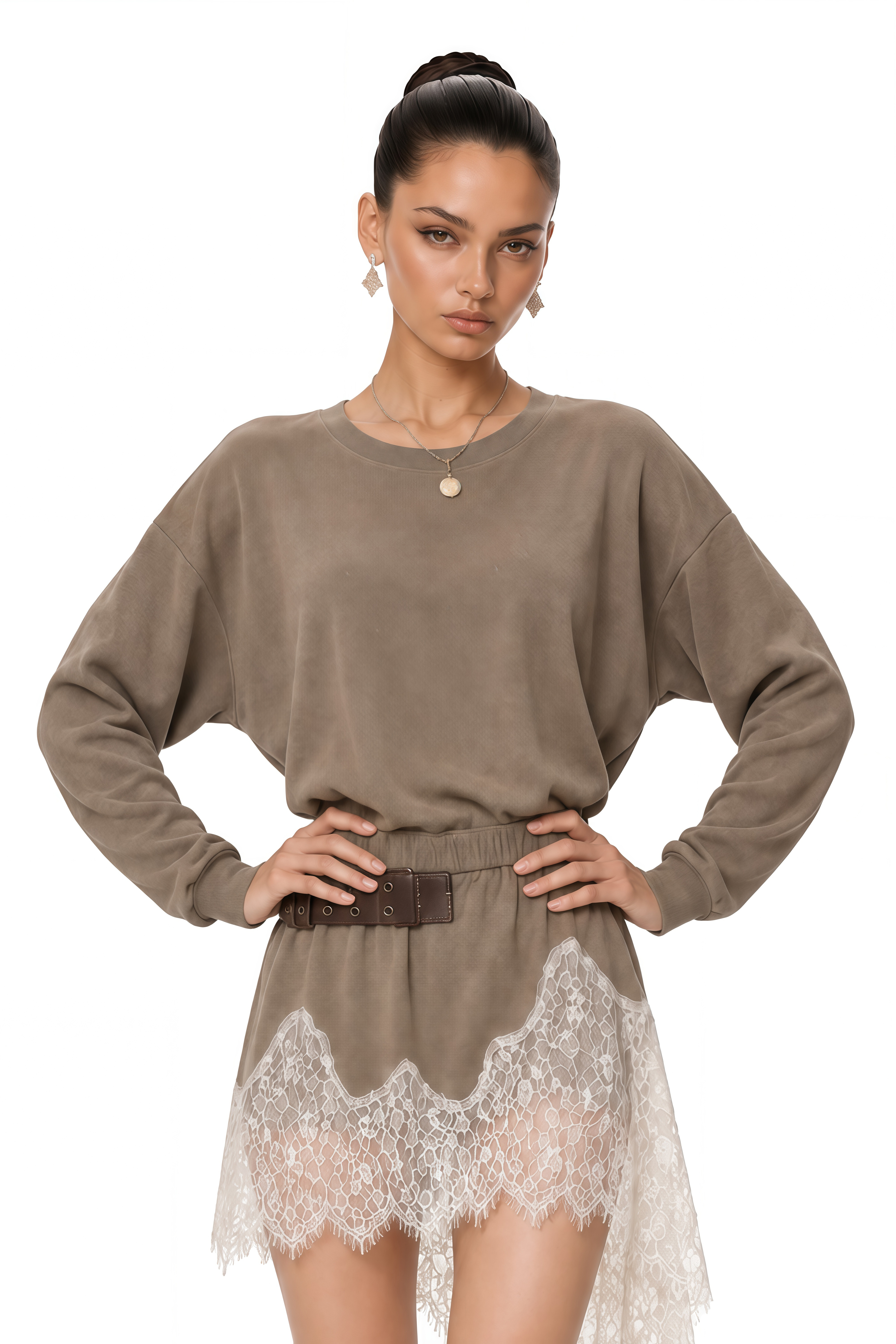 Maia Khaki Lace Trim Long Sleeve Mini Dress