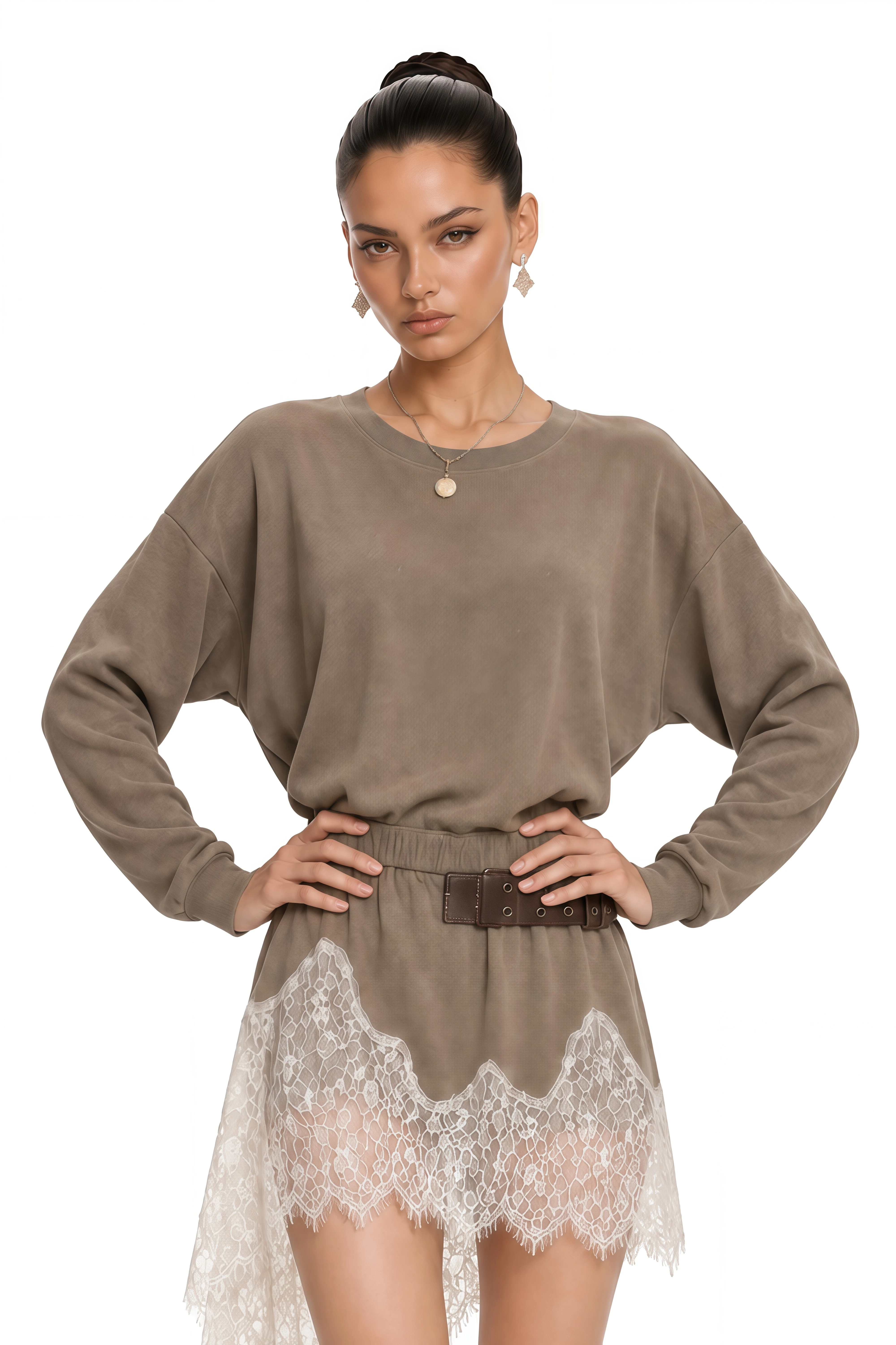 Maia Khaki Lace Trim Long Sleeve Mini Dress