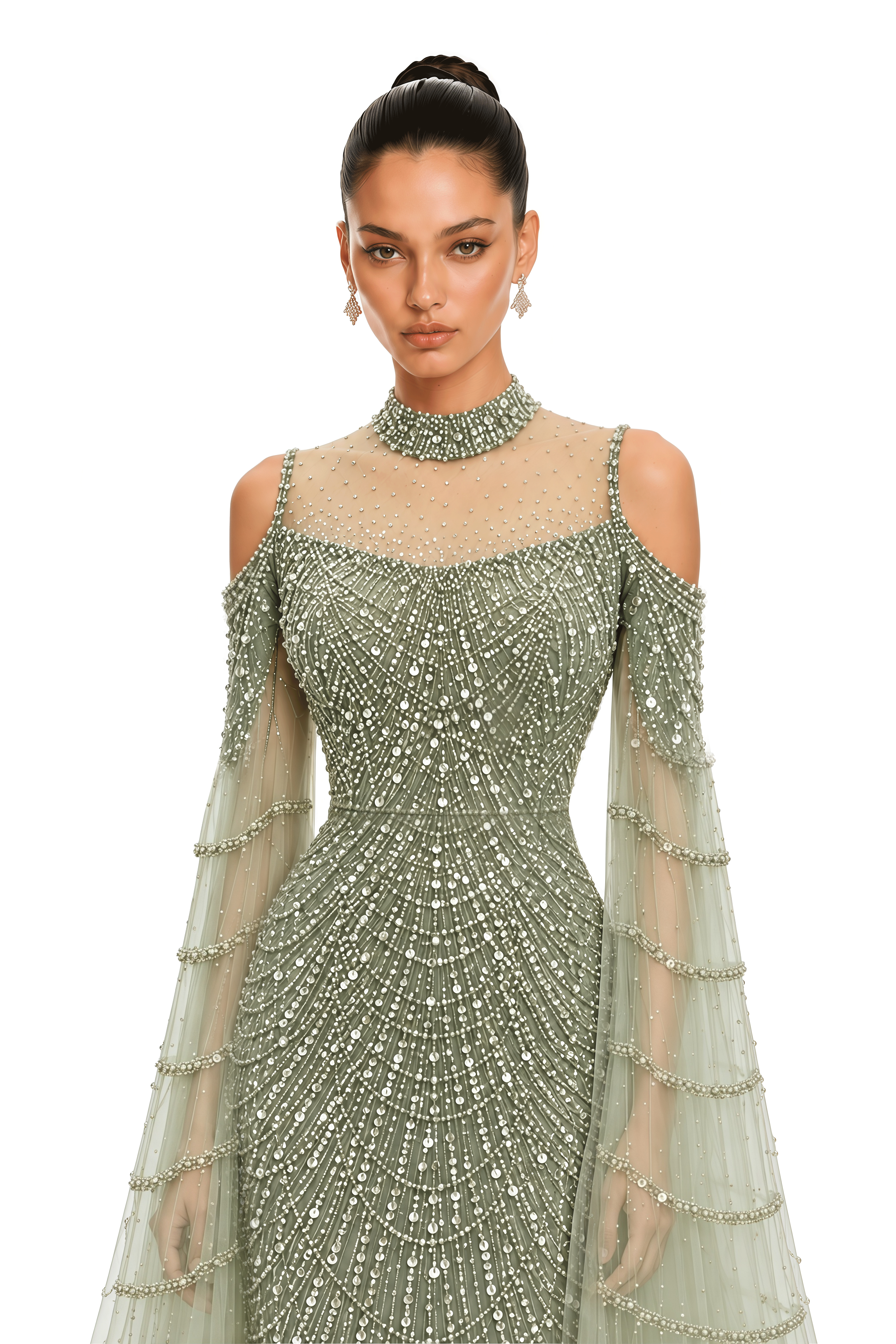 Maisie Sage Green Embellished Cape Sleeve Maxi Gown