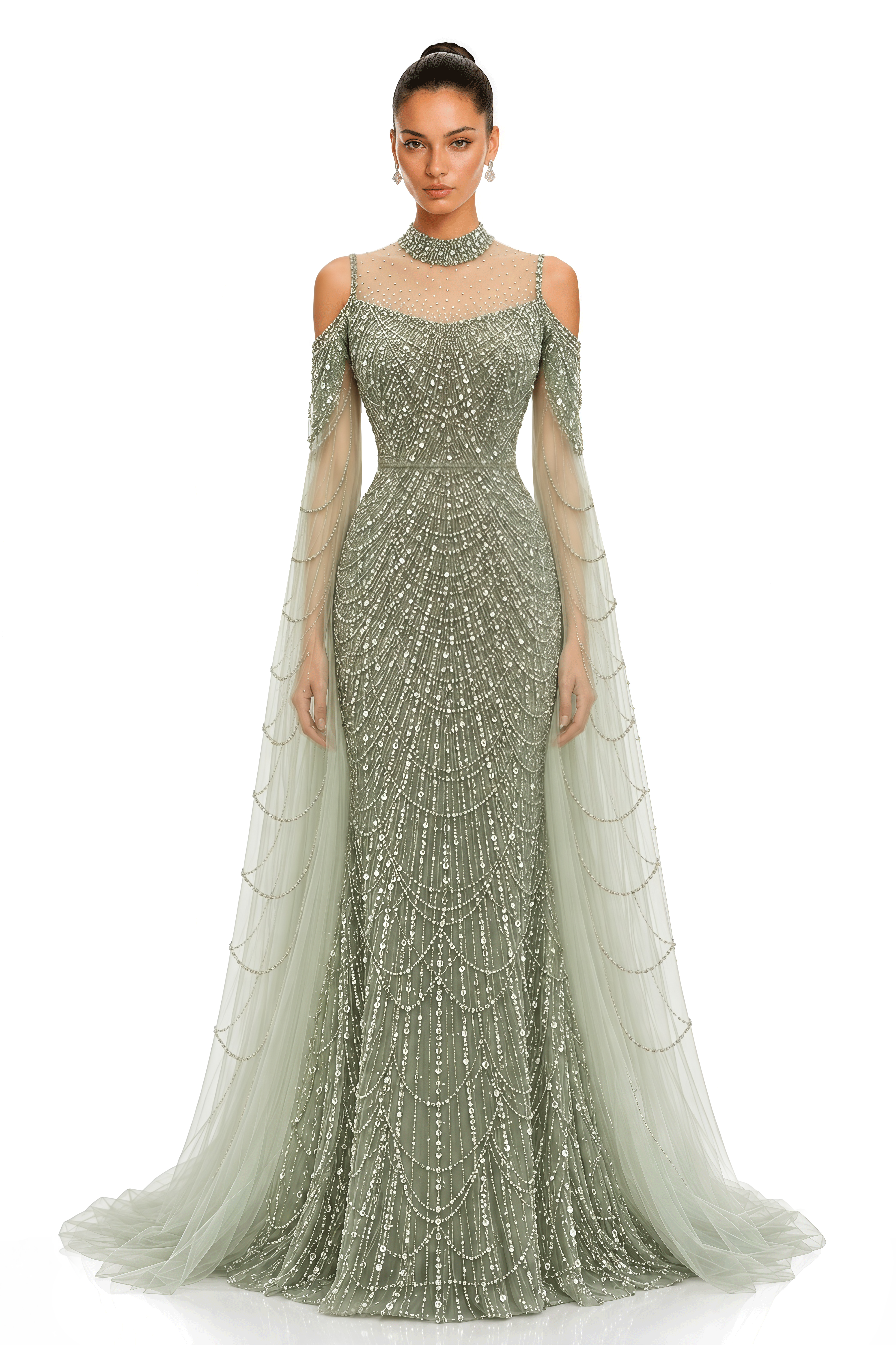 Maisie Sage Green Embellished Cape Sleeve Maxi Gown