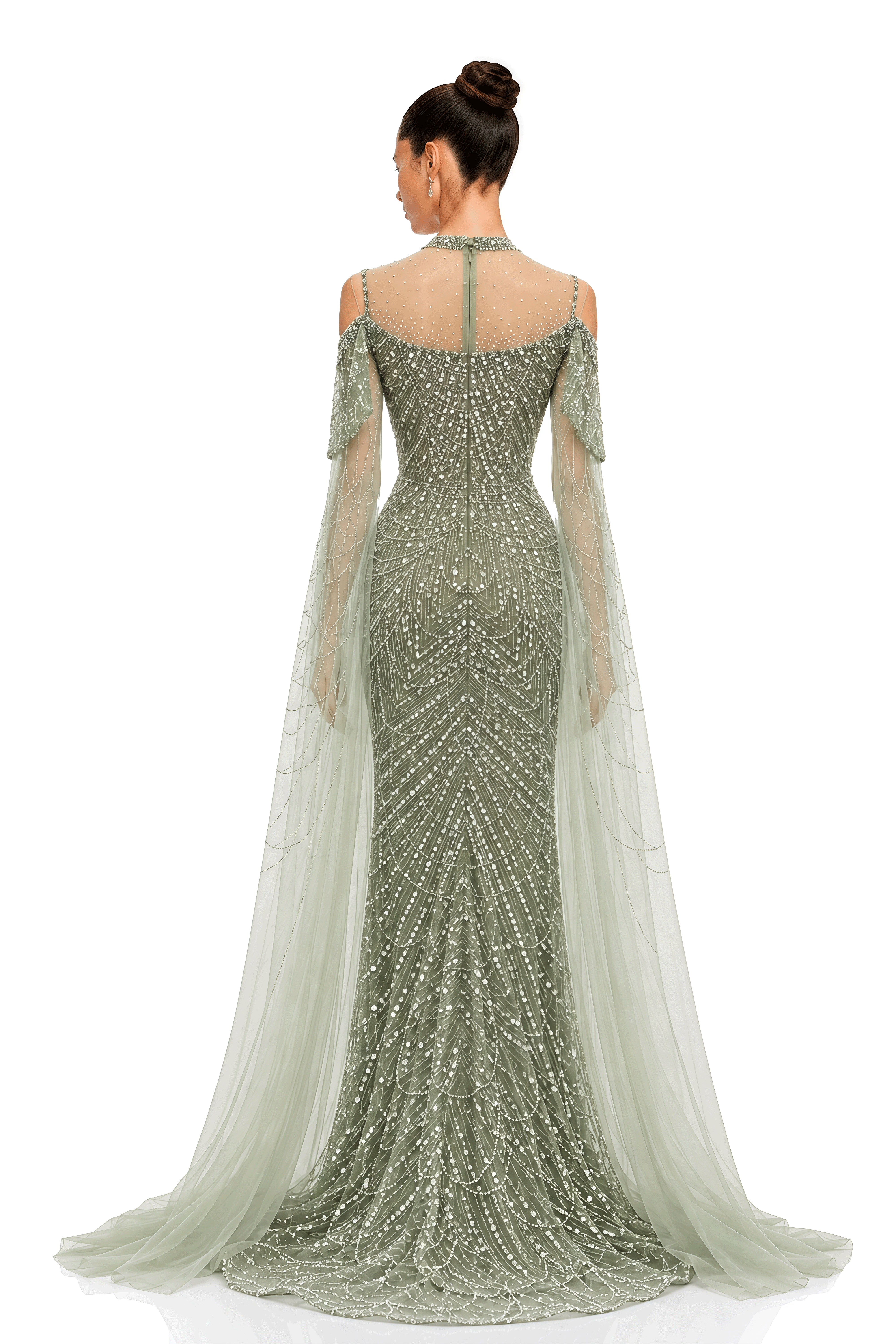 Maisie Sage Green Embellished Cape Sleeve Maxi Gown