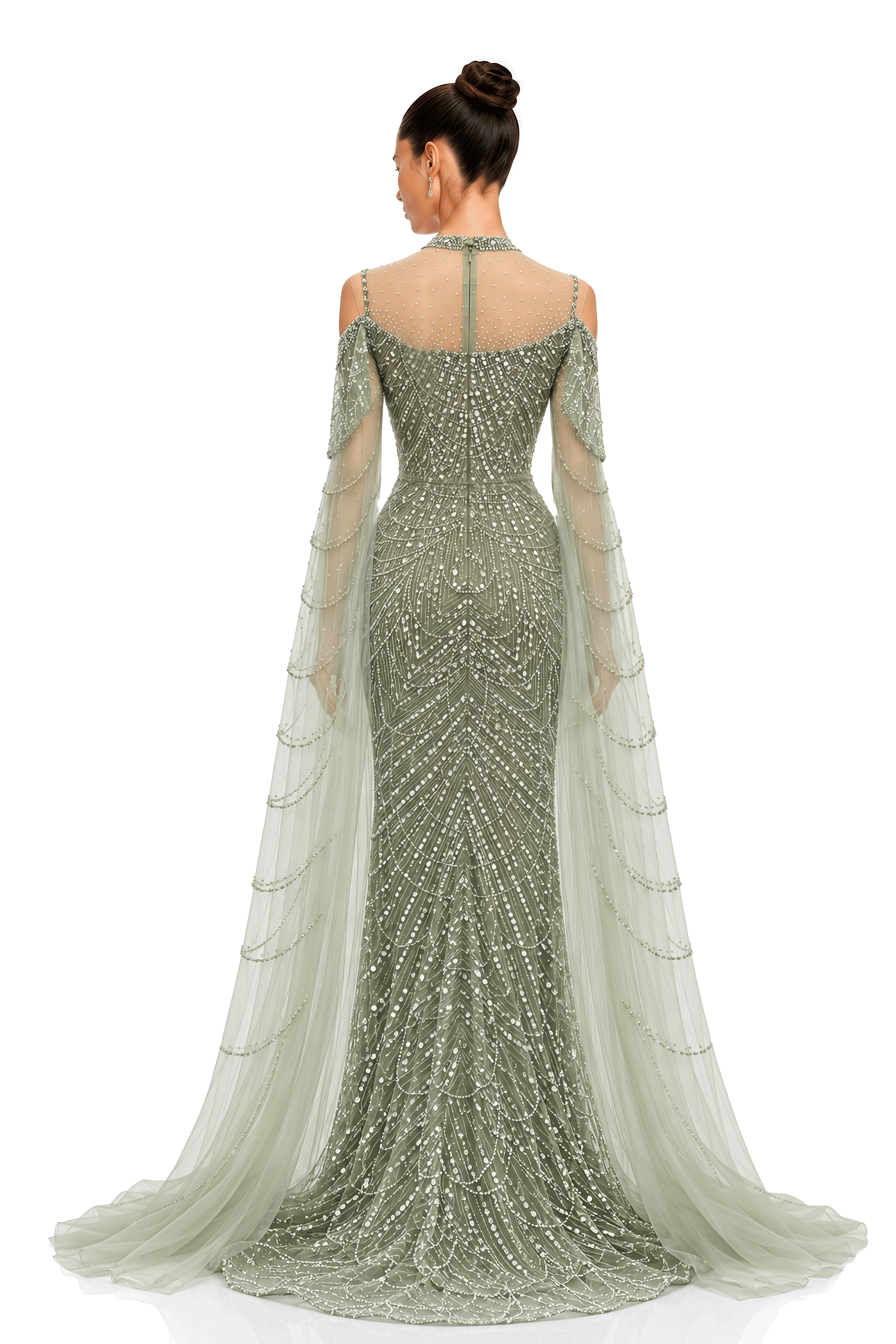 Maisie Sage Green Embellished Cape Sleeve Maxi Gown
