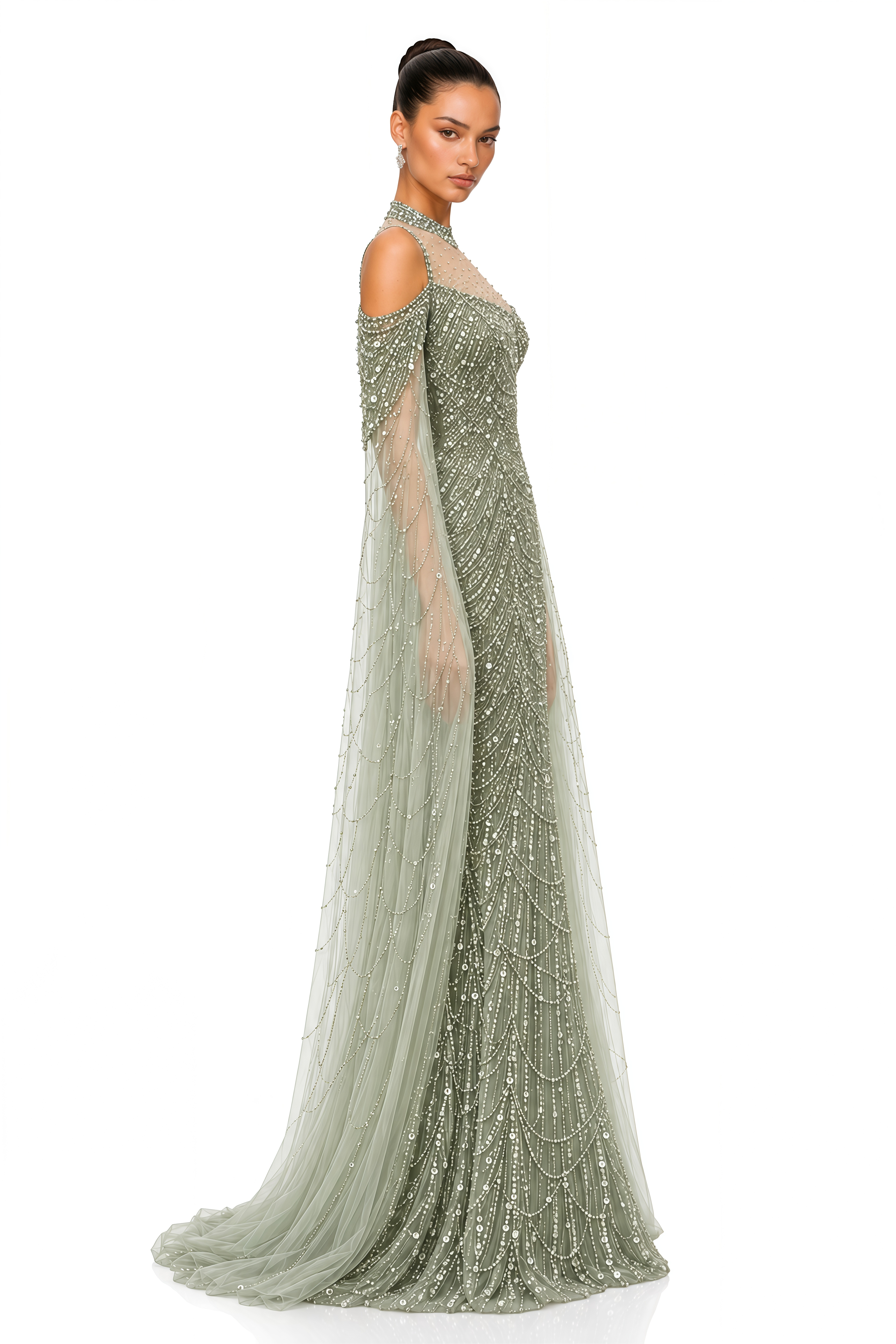 Maisie Sage Green Embellished Cape Sleeve Maxi Gown