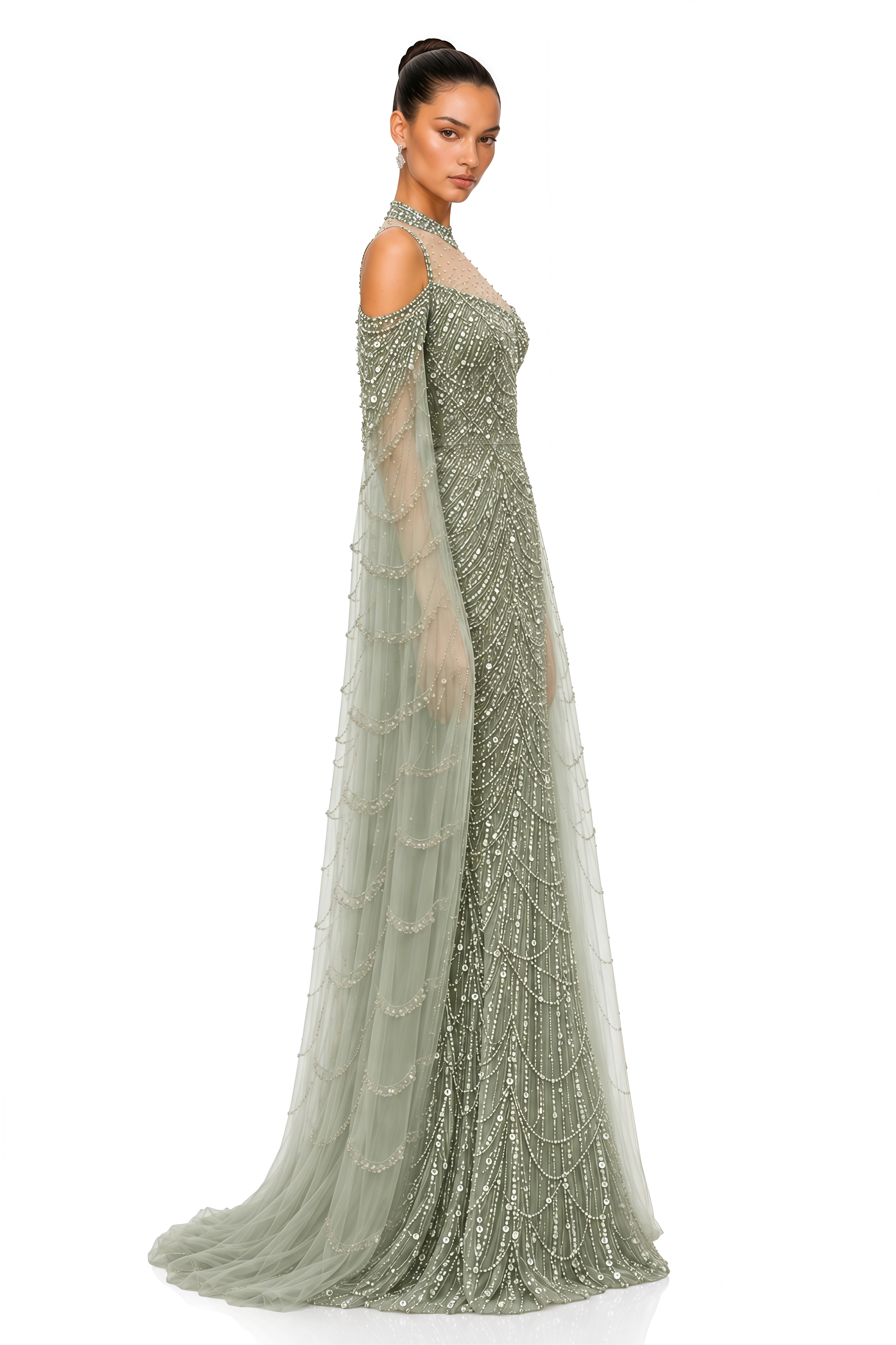 Maisie Sage Green Embellished Cape Sleeve Maxi Gown