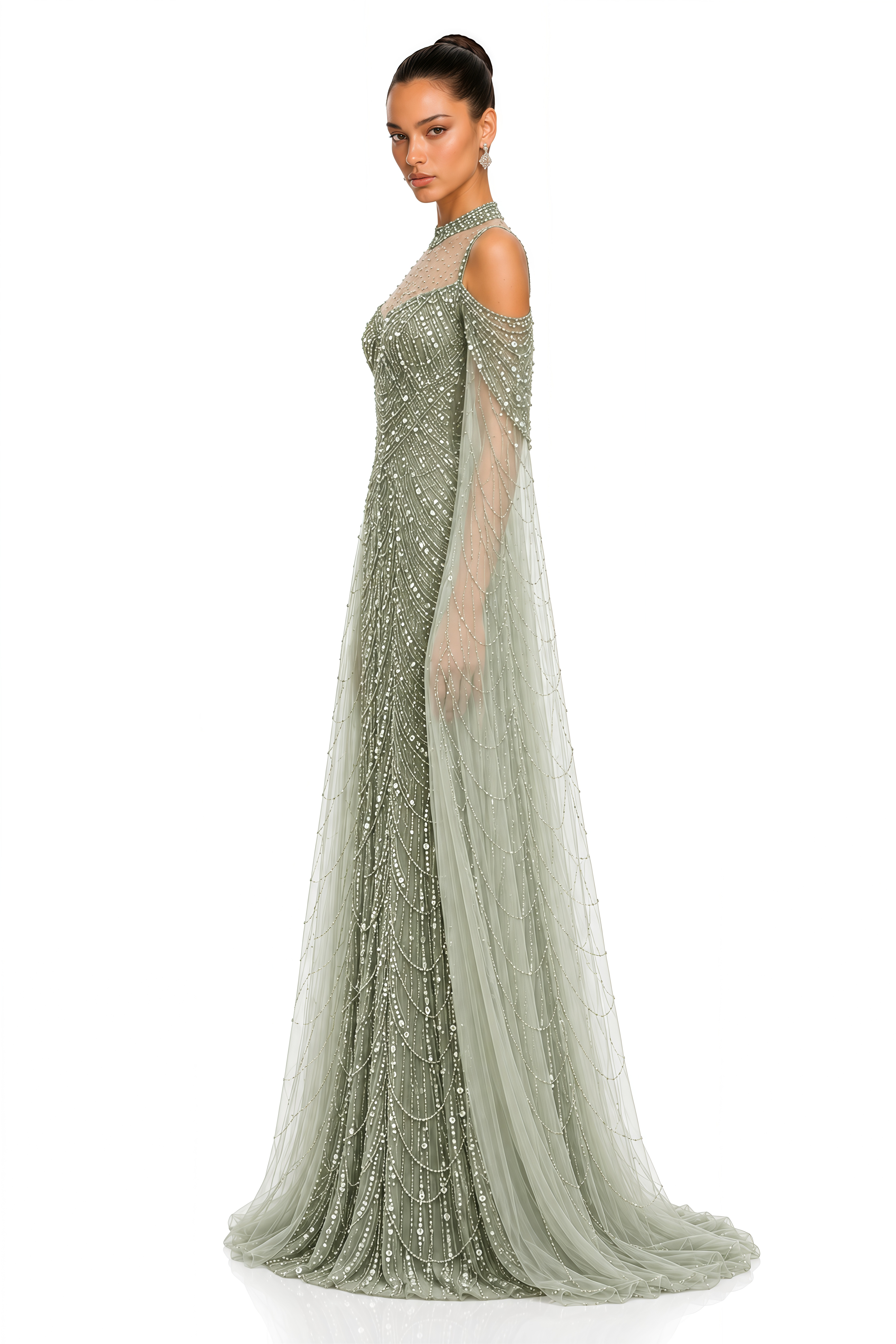 Maisie Sage Green Embellished Cape Sleeve Maxi Gown